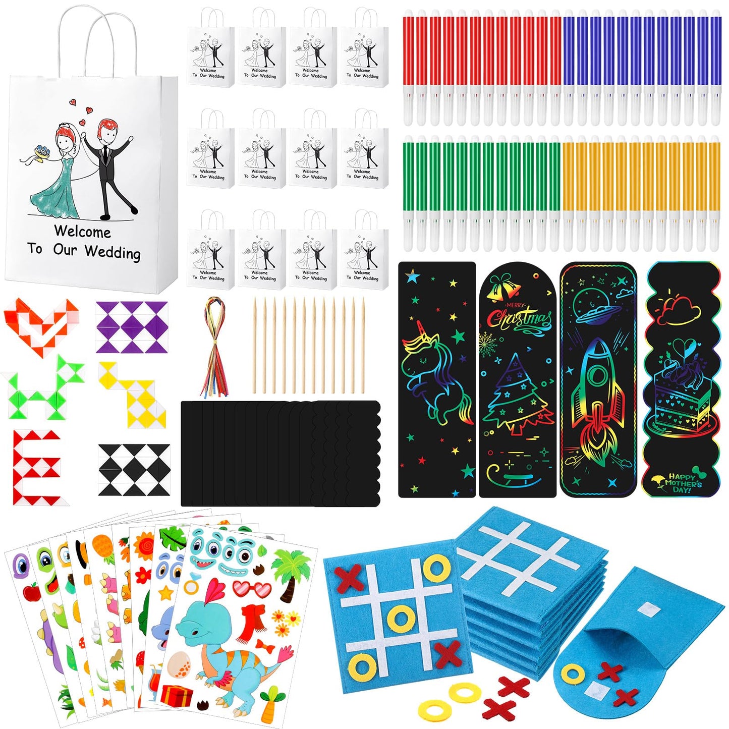 VercanMonth 60 Pcs Wedding Activities Includes 12 Wedding Gift Goodie Bags with Watercolor Pen 6 Snake Cube 12 Scratch Bookmarks 12 Animal Sticker 6 Felt Mini Board Game for Boys Girls Wedding Games
