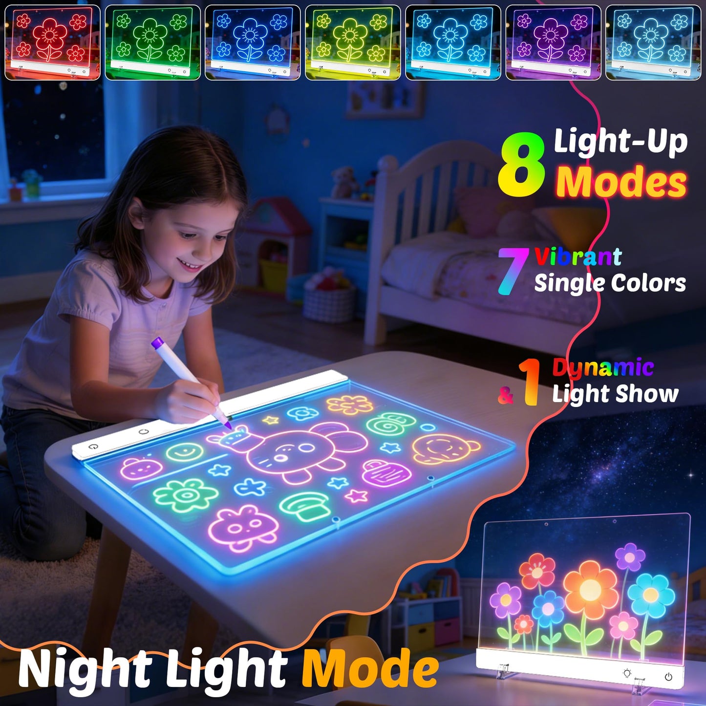 Rechargeable LED Drawing Board for Kids, 16-Inch Light Up Drawing Tablet with 7 Colors & Dimming, Arts Supplies Crafts for Kids Ages 3-8, Birthday Gifts for Girls Boys Age 5-10
