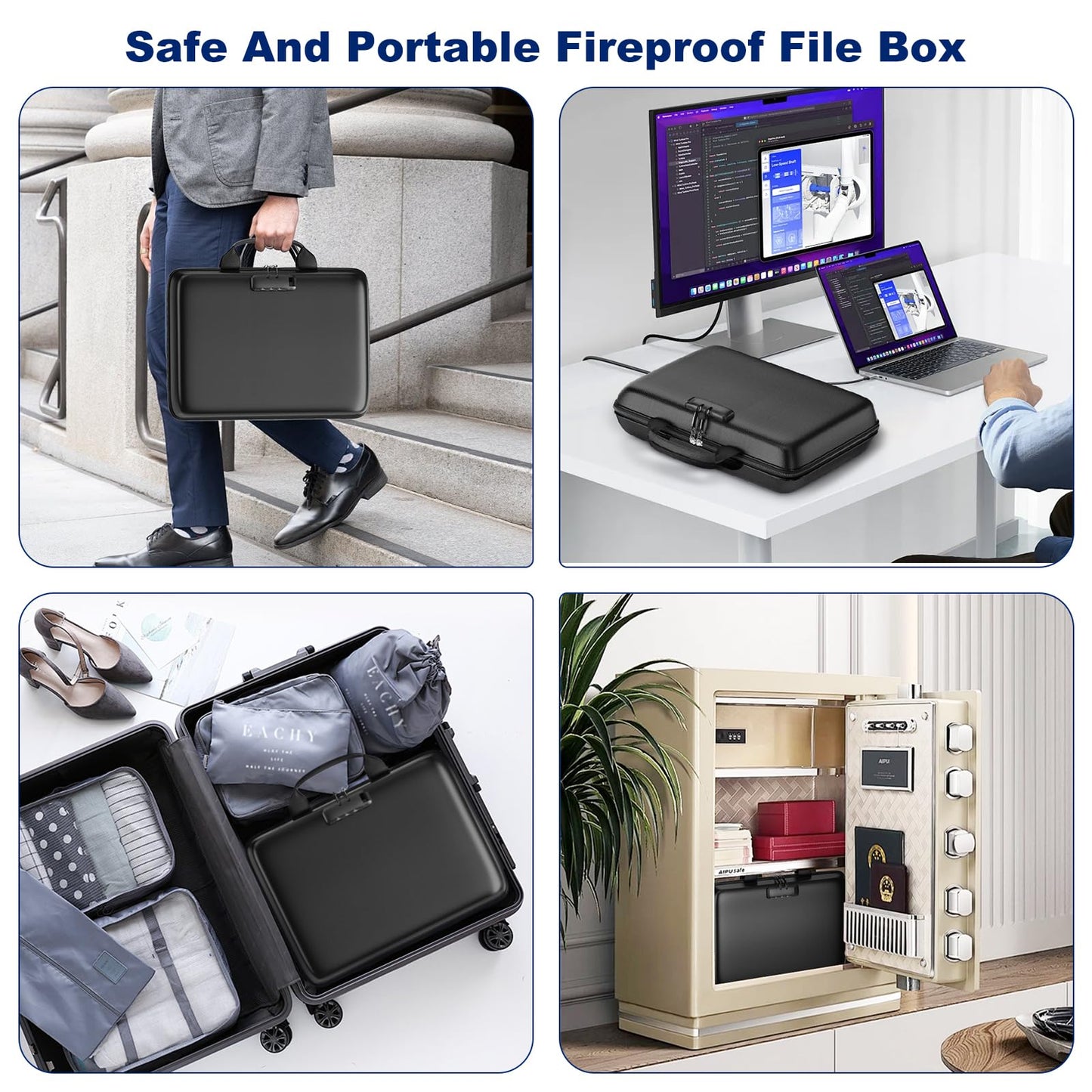 HIBWN Fireproof Document Box, Hard Case Fireproof File Organizer with Lock and 13 Pocket Accordion File Folder, Portable Safe Box for Home Office Travel to Storage Important Documents Laptop Black