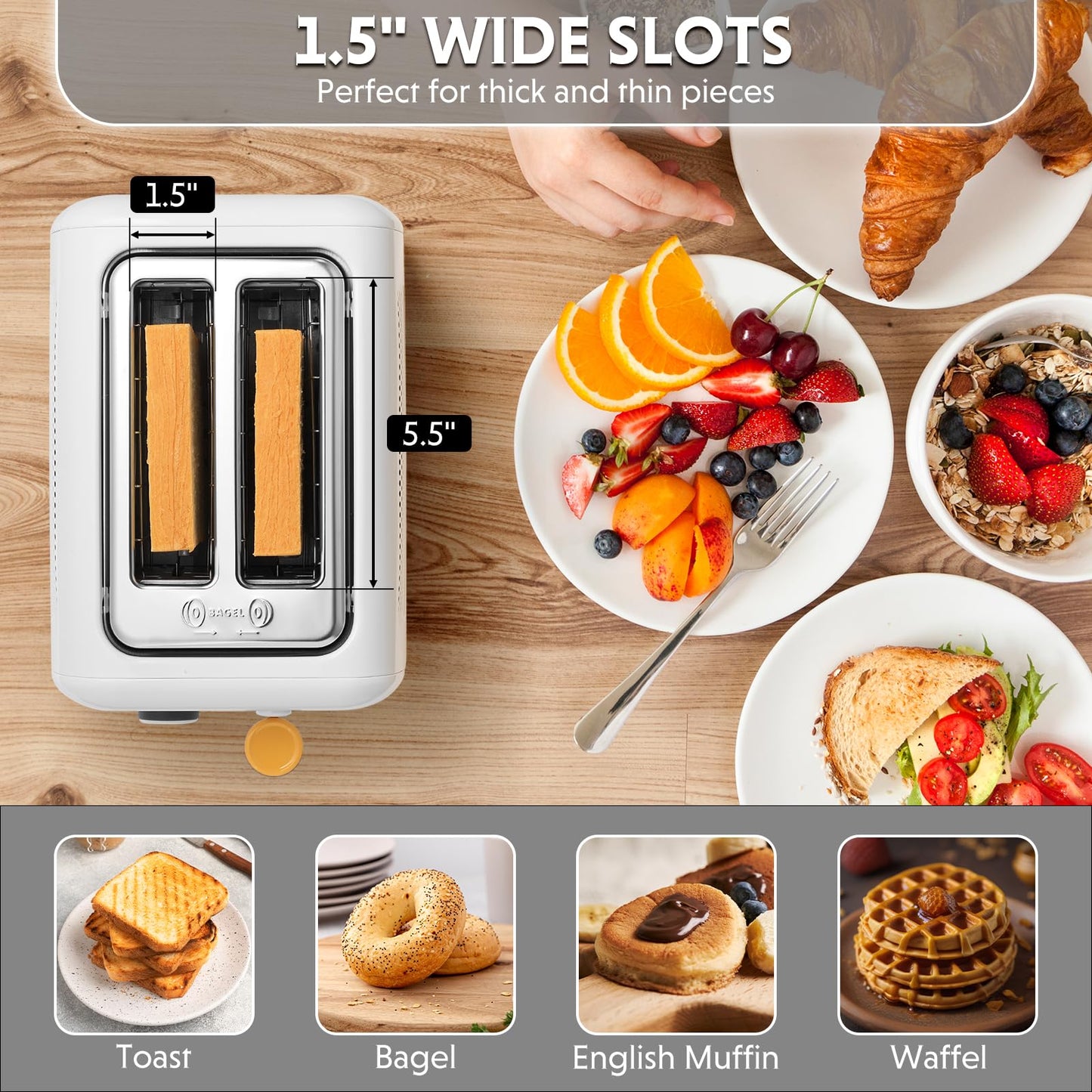 BUYDEEM DT620 2-Slice Toaster, 7 Shade Settings, Extra Wide 1.5'' Slots for Bagel & English Muffin, 6 Toasting Functions, Retro Stainless Steel Toaster with High Lift Lever, Arctic White