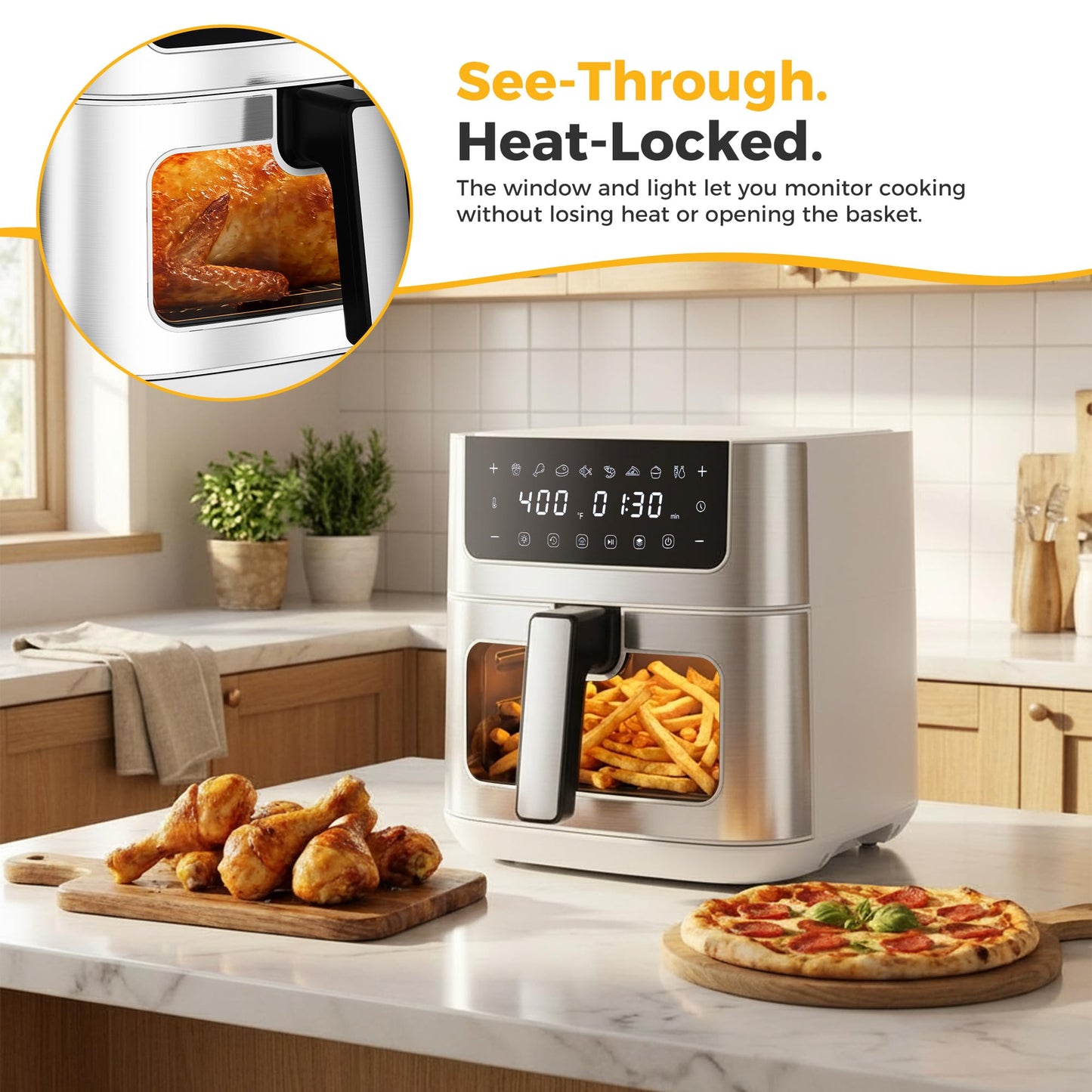 NEWBULIG Air Fryer 6.34QT Airfryer with Visible Window Stainless Steel