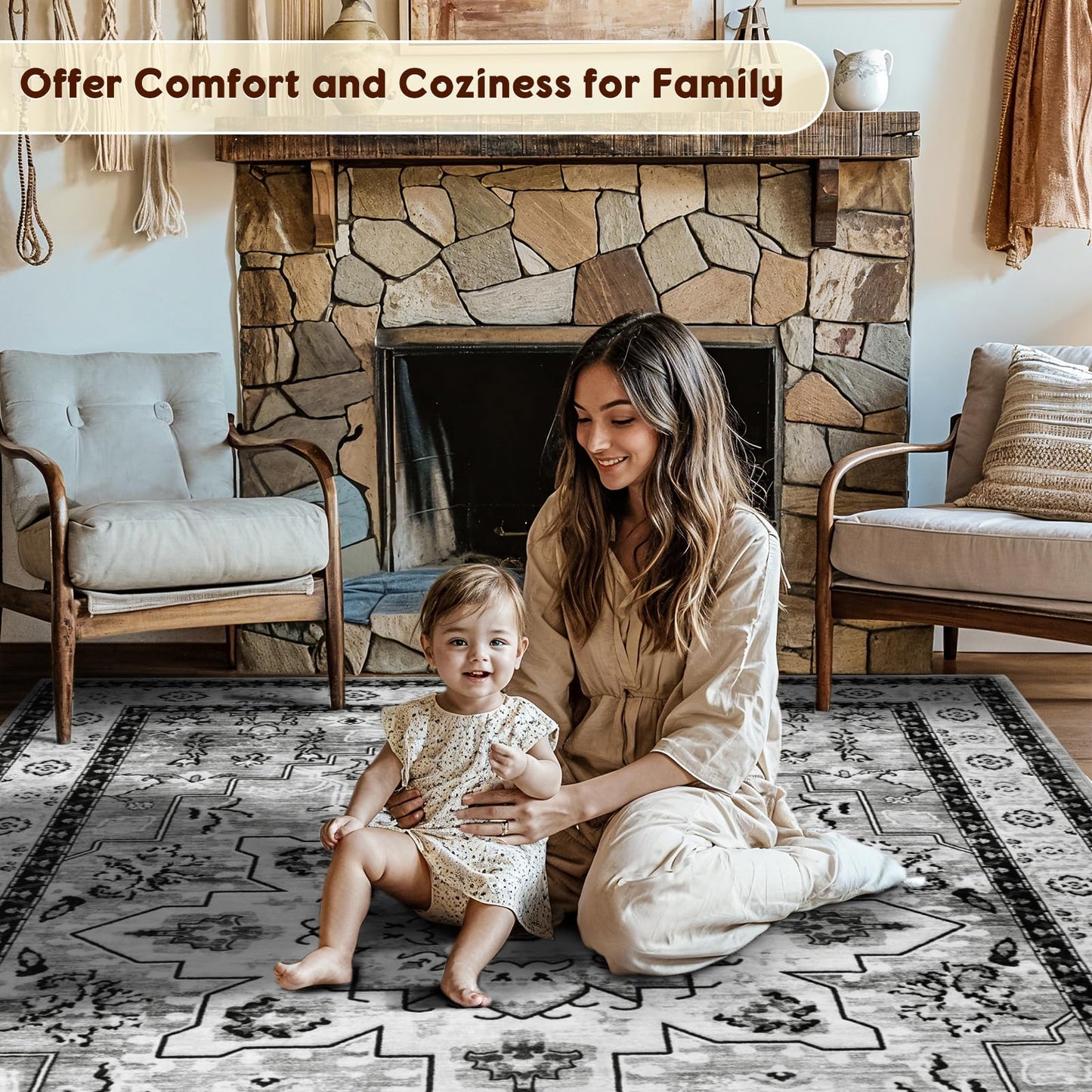 LBRO2M Boho Area Rug 8X10 Washable Rugs for Bedroom Low Piles Indoor Rugs, Non Slip Soft Carpet for Living Room, Dining Room, Gray Rug Foldable Pet Friendly Area Rugs Stain Resistant (8'X10' Gray)