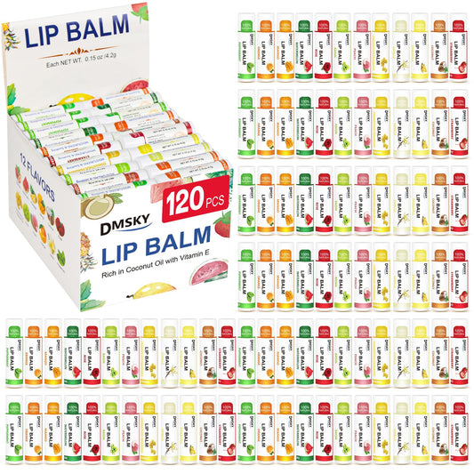 DMSKY 120 Pack Lip Balm, Natural Lip Balm Bulk with Vitamin E and Coconut Oil, Moisturizing Lip Balm for Chapped Lips, Bulk Lip Balm for Women-12 Flavors