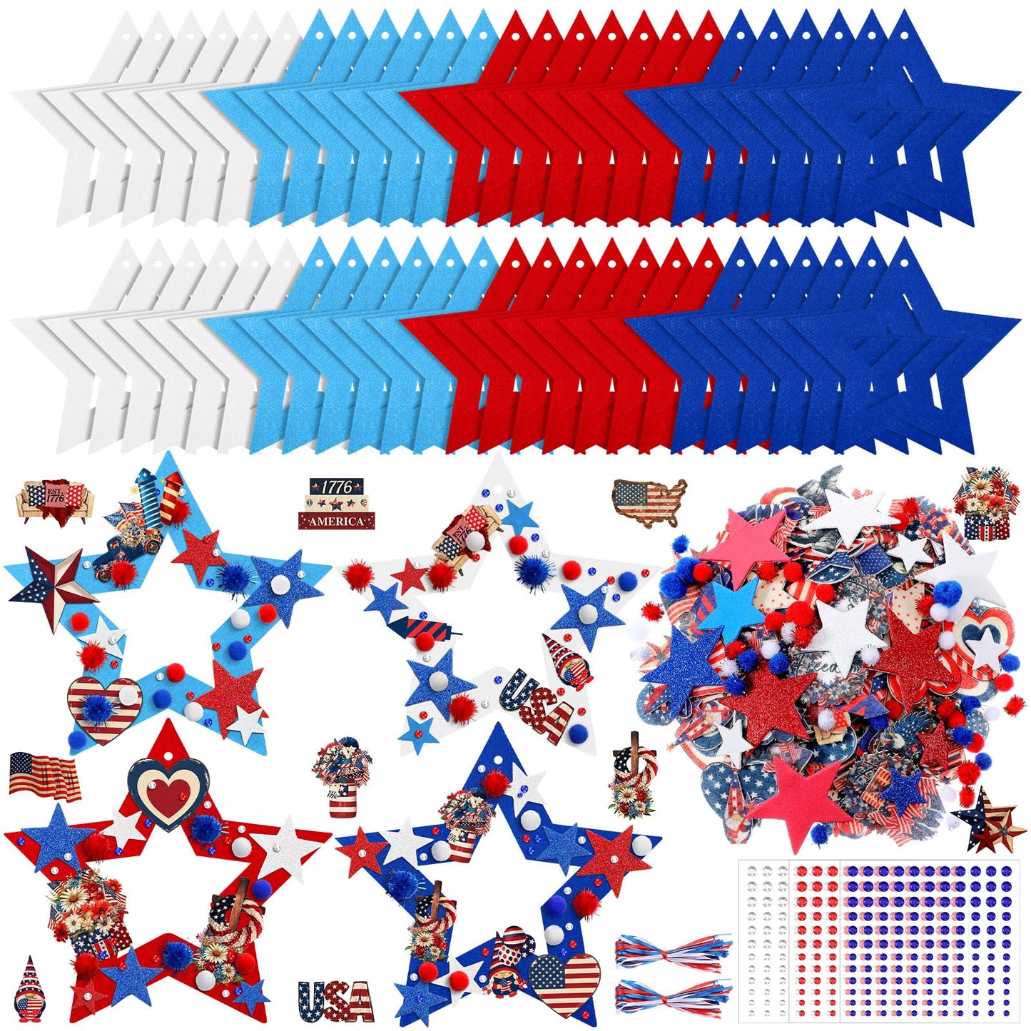 SmoothNovelty 437 Pcs 4th of July Wreath Craft Kit Patriotic DIY Craft Kit Memorial Day Wreath Hanging Ornament with Star Felt Sticker for Red White and Blue 250th Anniversary Party Activities Decor