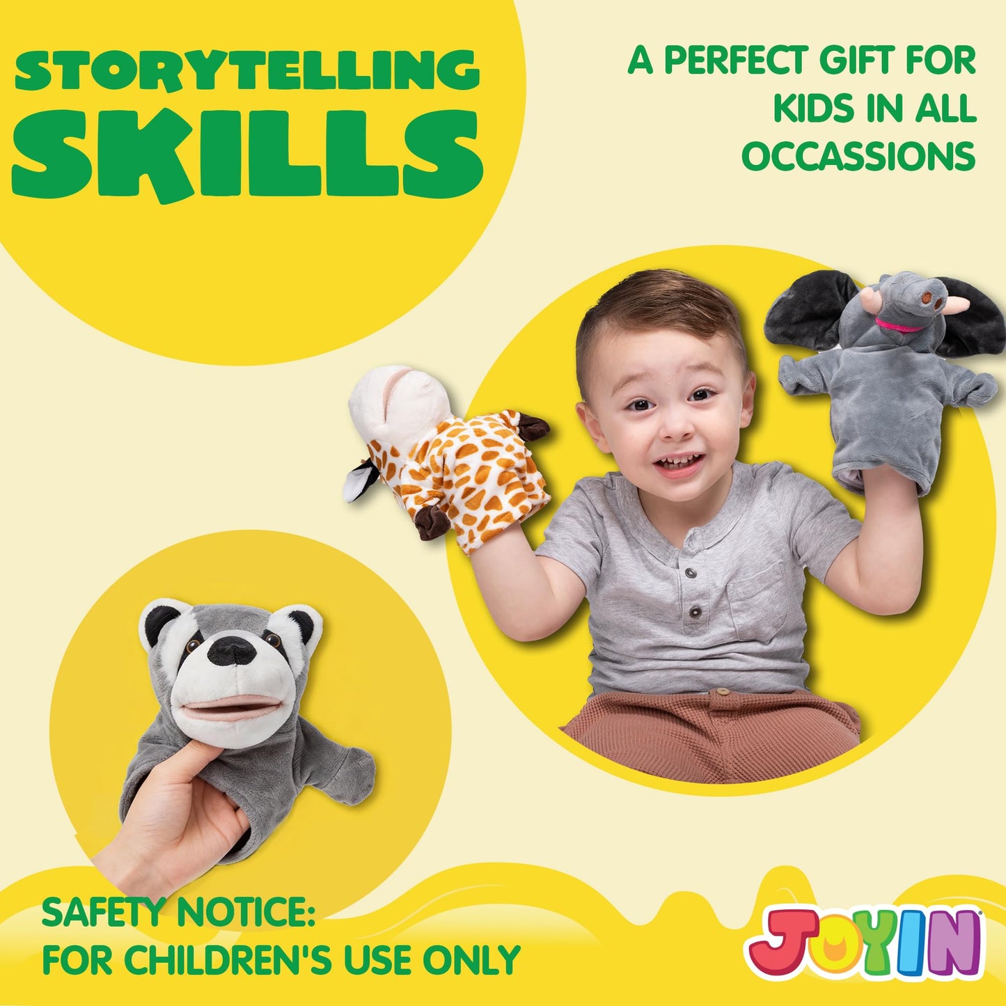 JOYIN 6Pcs Kids Hand Puppet Set with Working Mouth, Toddler Animal Plush Toy Includes Elephant, Giraffe, Lion, Bear, Raccoon and Monkey for Show Theater, Birthday Gifts, Easter Basket Stuffers