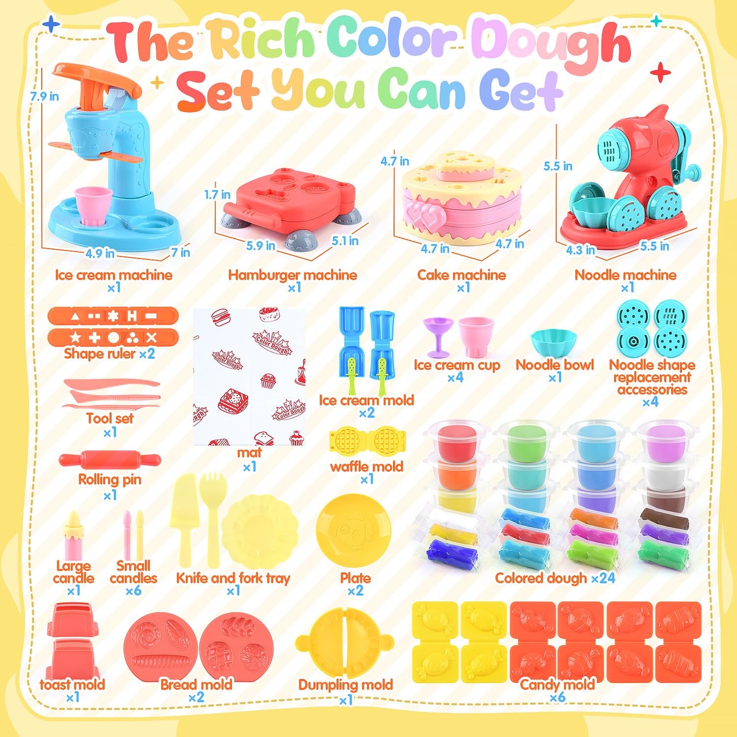 4 in 1 Color Dough Set Kitchen Creations with Ice Cream/Cake/Noodle/Hamburger Maker Machine, Arts Crafts Play Food Toys Tools Kit for Boys Girls Kids Toddlers Ages 3+ , 24 Dough