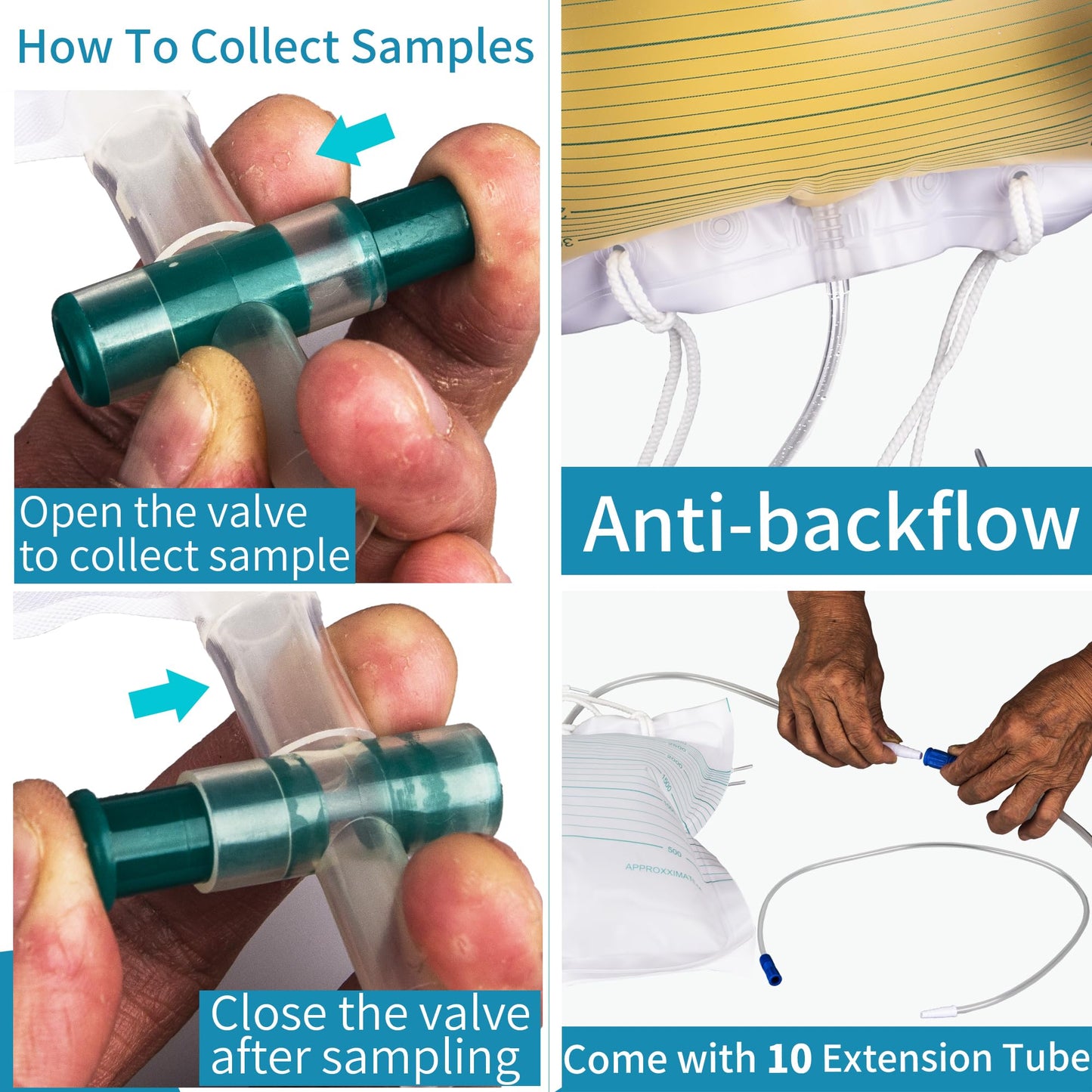 VWJ 10 Packs Urinary Drainage Bags, 4000mL Urinary Bags with 10PCS 36-inch Extension Tubes, Large Volume Anti-Reflux Drain Bags, Overnight Collector Urine Bags for Health Aids