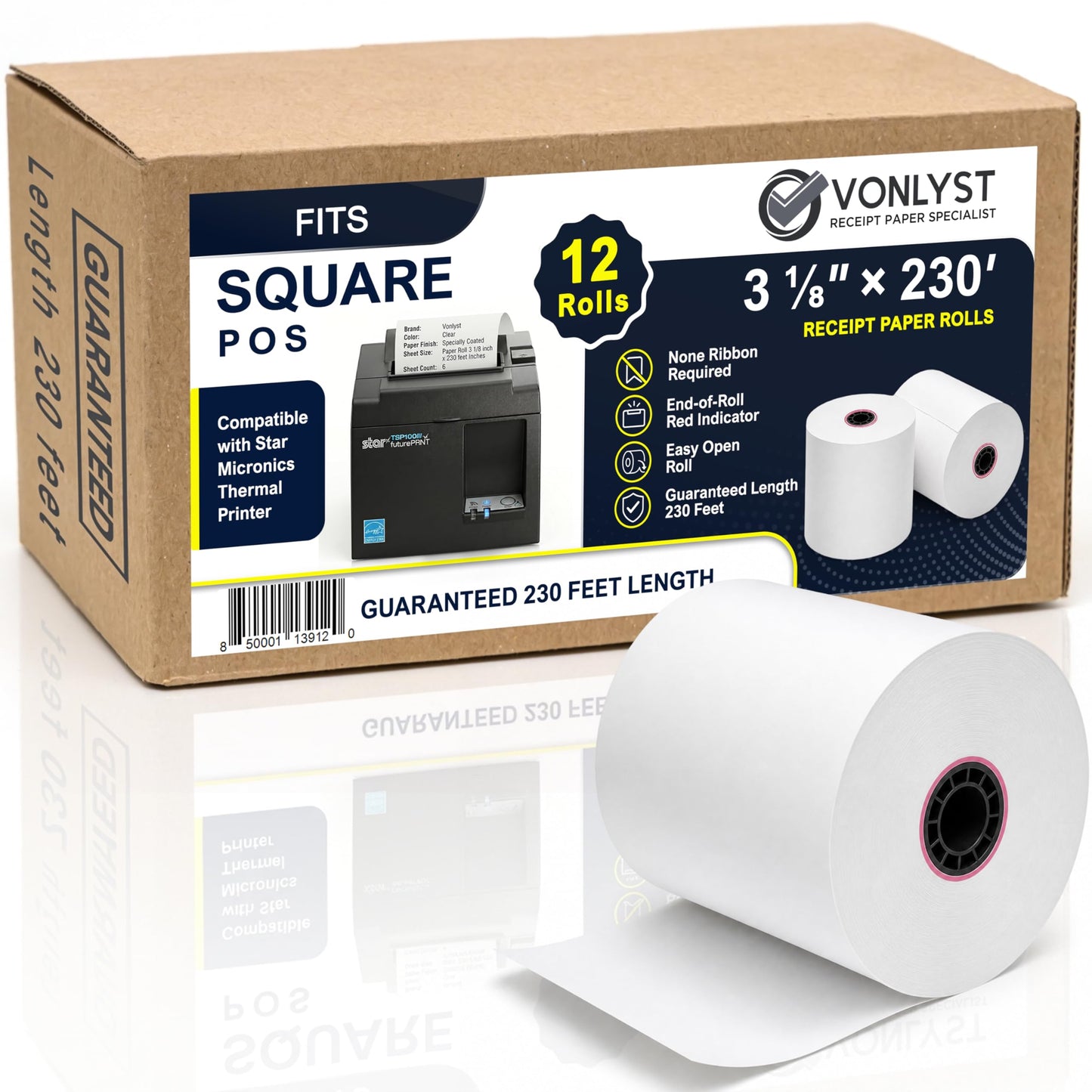 Vonlyst Receipt Paper Roll 3 1/8 x 230 for Square Register and Square POS System connected to Star Micronics Thermal Printer (Pack 12 rolls)