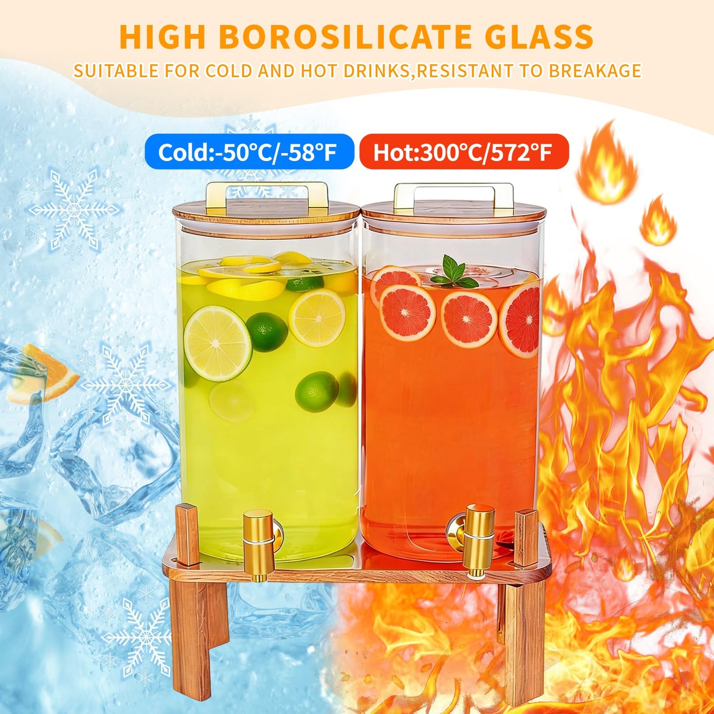 2 PACK 1.5 Gallon Glass Beverage Dispenser with Wooden Lid, Drink Dispenser with Wooden Stand, Lemonade Dispenser with Stainless Steel Leak-Proof Spigot for Parties, Weddings