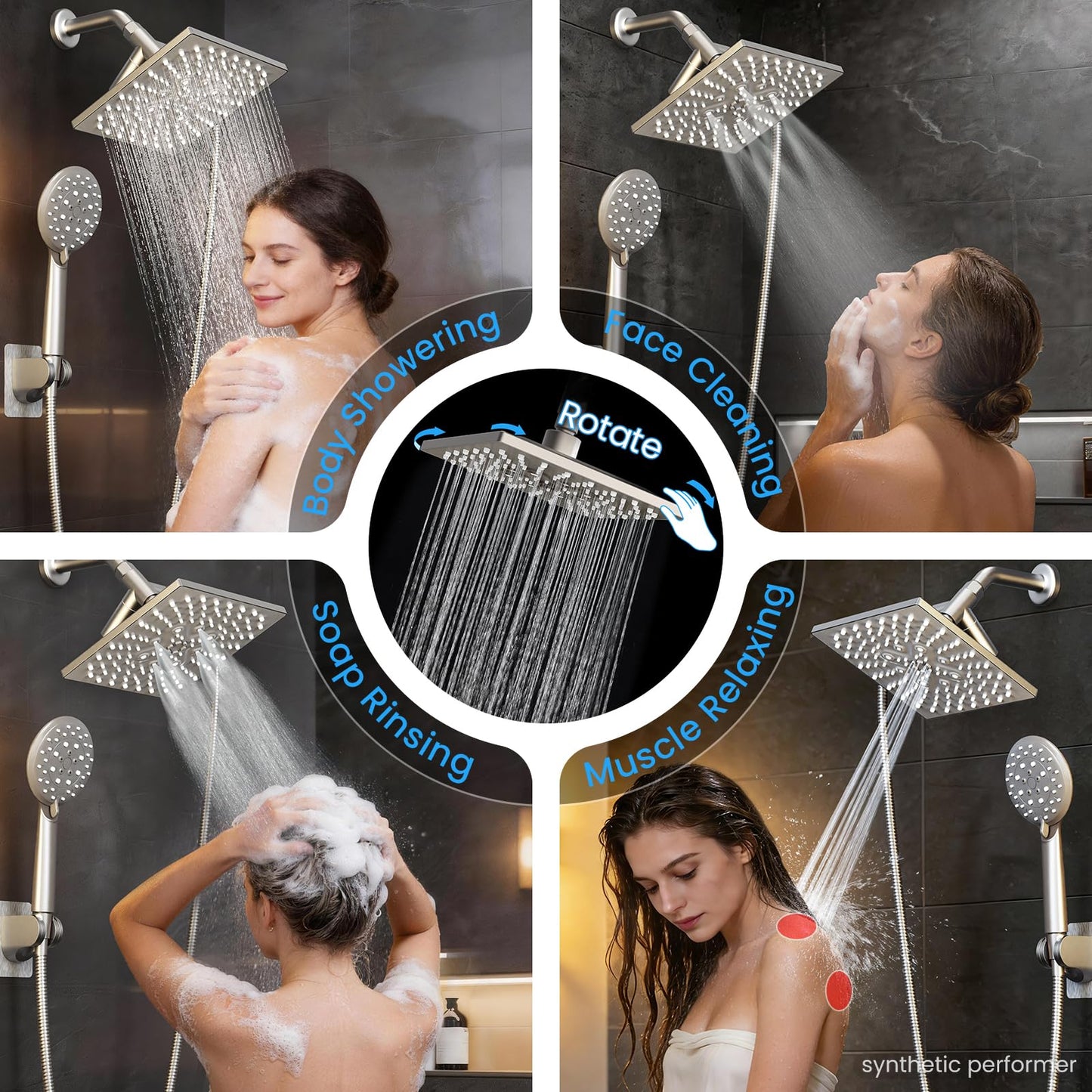 Veken High Pressure Rain Shower Head with Multi-Functions, Square Rainfall Shower Heads with 5-Mode Handheld Spray Combo, Detachable Hand Held Showerhead with Hose, Double Regaderas Para,Starlight