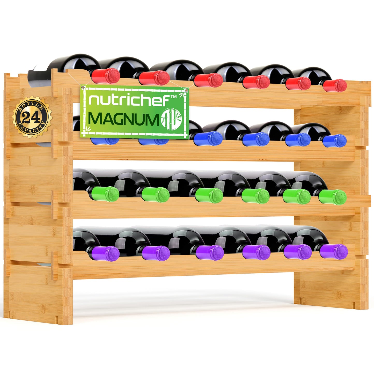 NutriChef Magnum Oversize 24 Bottle Stackable Modular Wine Rack, Upgraded 1” Thick Sideboard, .5” Rack Sticks, Sturdy Wobble Free Natural Bamboo Construction with Anti Moisture Protective Finish
