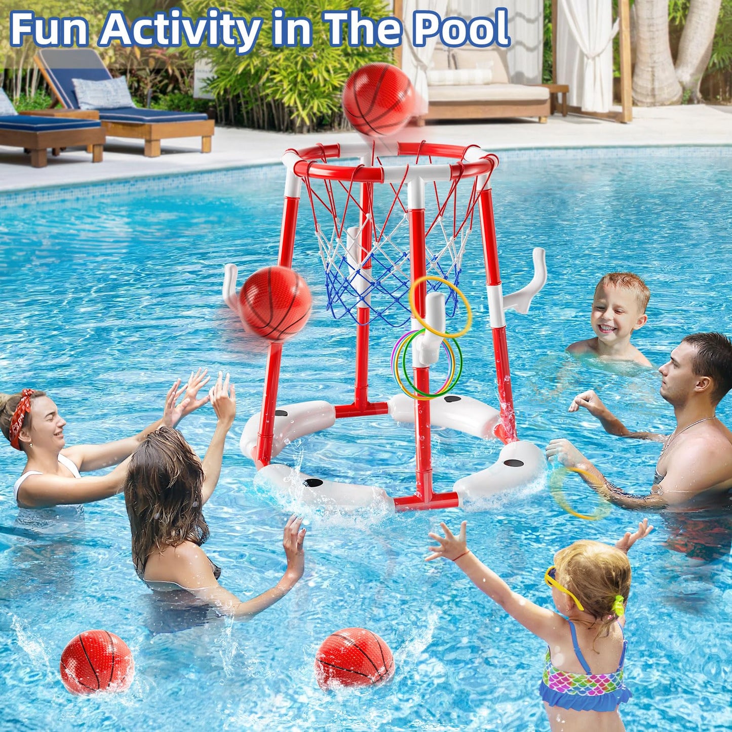 JUKUDAHU - Pool Basketball Hoop Toy for 2 3 4 5 6 Year Old Boys Floating Basketball Toy with 4 Air Pump Balls Outdoor Play Summer Water