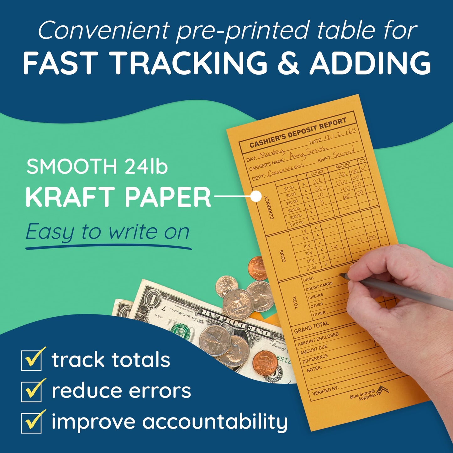 Blue Summit 500 Cash Deposit Envelopes, Cash Drop Envelopes for Small Business, Retail & Restaurant, Money Deposits, Bank, Cashier Use, 24lb Brown Kraft, Peel & Seal, 4 1/2" x 10 3/8", 500 Count