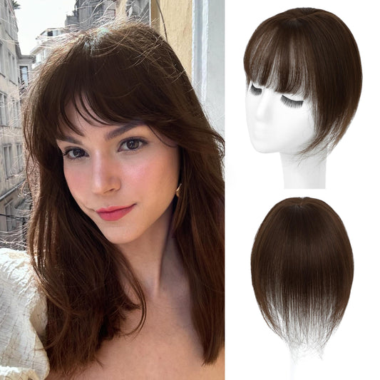 BUPPLER Hair Toppers for Women Real Human Hair-360°3D Topper with Bangs for Thinning Hair Clip in Bangs with Upgraded Silk Base Perfect for Daily Wear,5×10 Dark Brown-2#