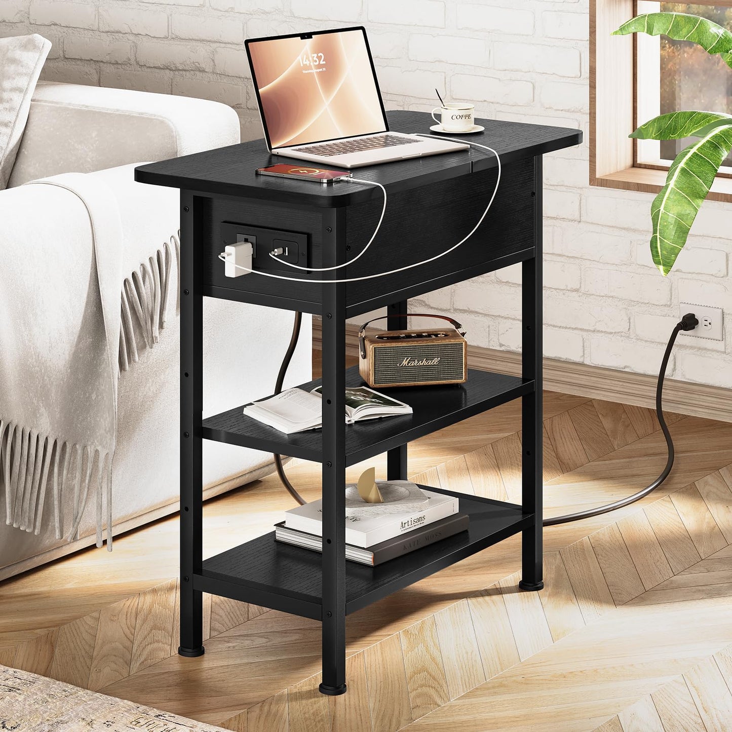 GRUSIGN End Table with Charging Station, Flip Top Side Table with USB Ports and Outlets, 3-Tier Small Side Table with Storage for Small Space, End Tables for Living Room/Bedroom, Black
