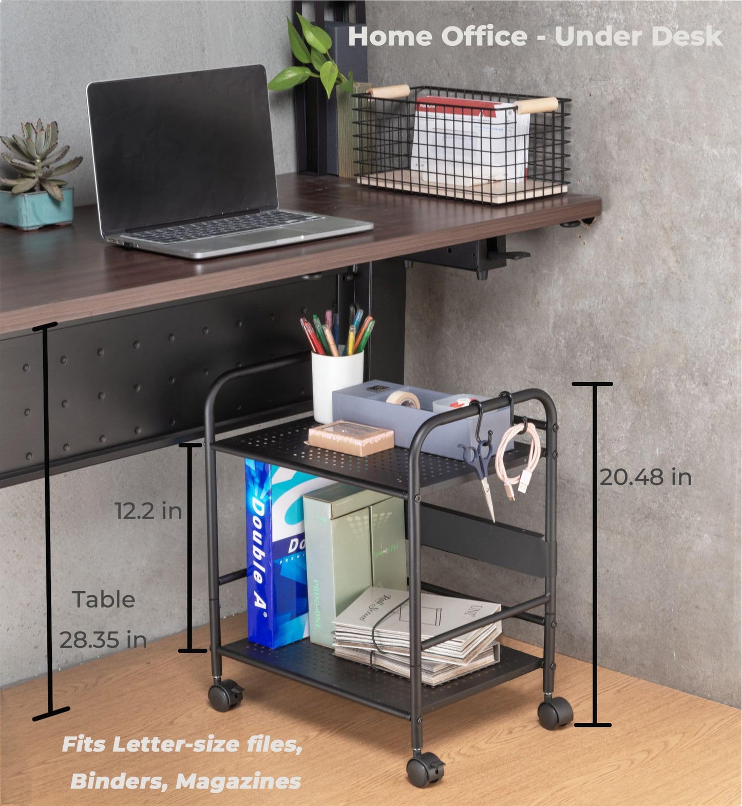 FORSTORAGE 2-Tier Metal Rolling Cart, Under Desk Storage with 12.2" Shelf Clearance, Anti-Drop Guard & Hooks, Compact Utility Cart for Kitchen, Office, Laundry, Bathroom, Pantry, Living Room - Black