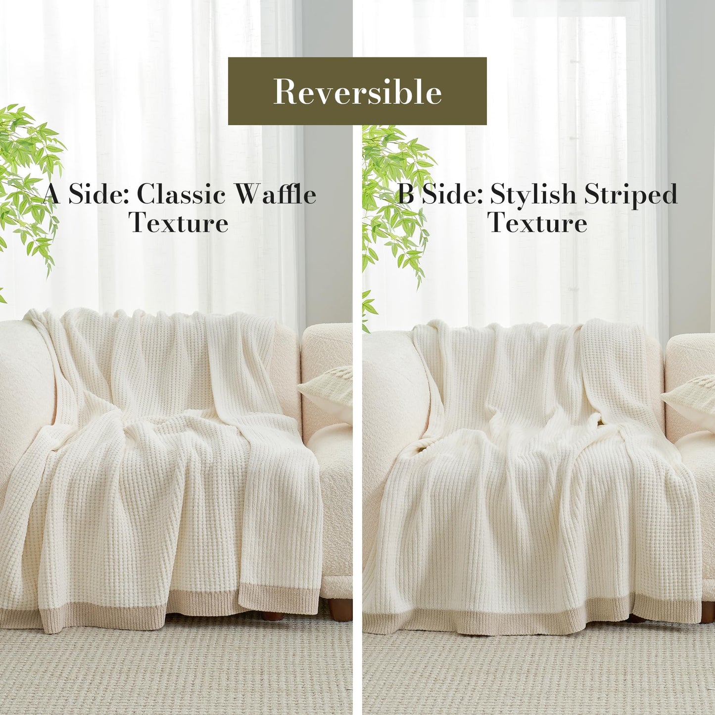 Amélie Home Chenille Waffle Queen Size Bed Blanket, Reversible Soft Cozy Knit Blanket Lightweight Warm Decorative for Bedroom, 90"x90", Ivory