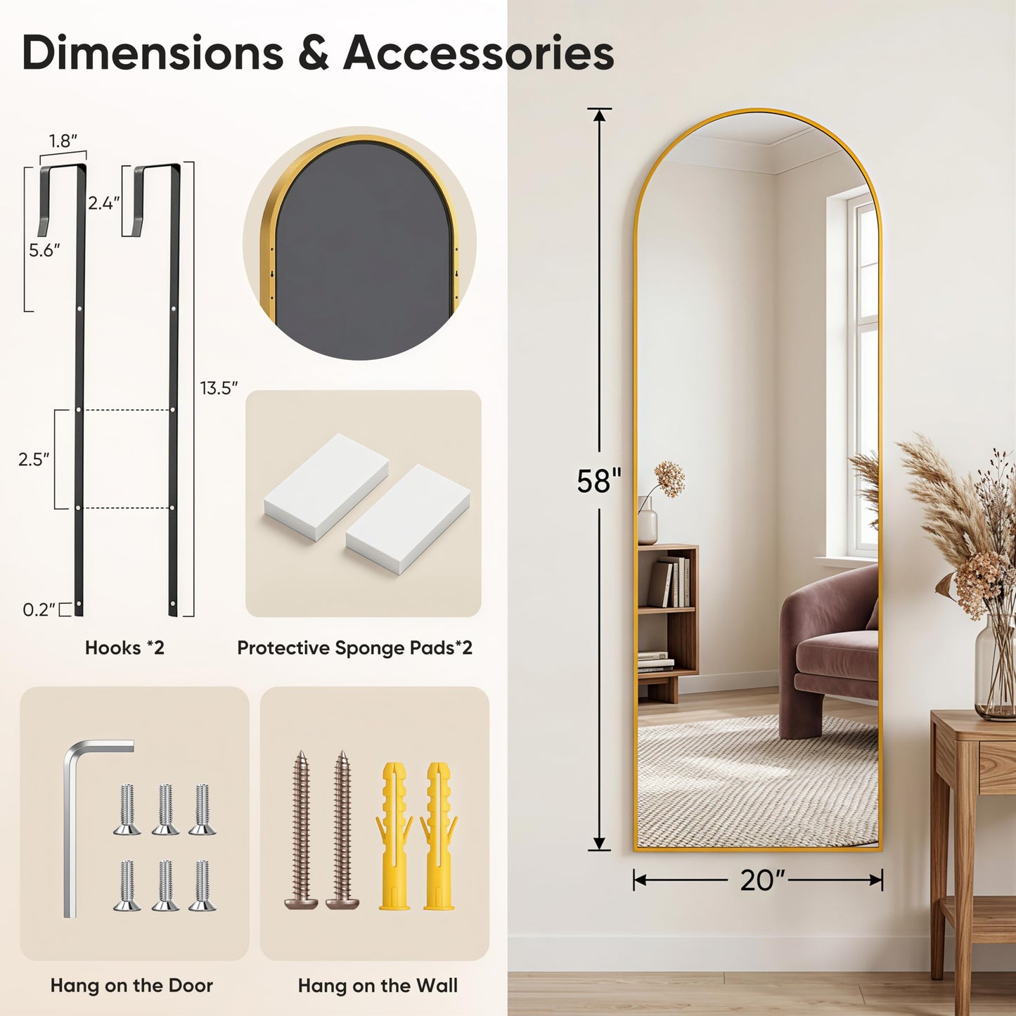 Homsion 58"x20" Over The Door Mirror, Arched Full Length Mirror with Aluminum Frame, Adjustable Hooks, Wall Mounted or Standing for Bedroom Living Room, Gold