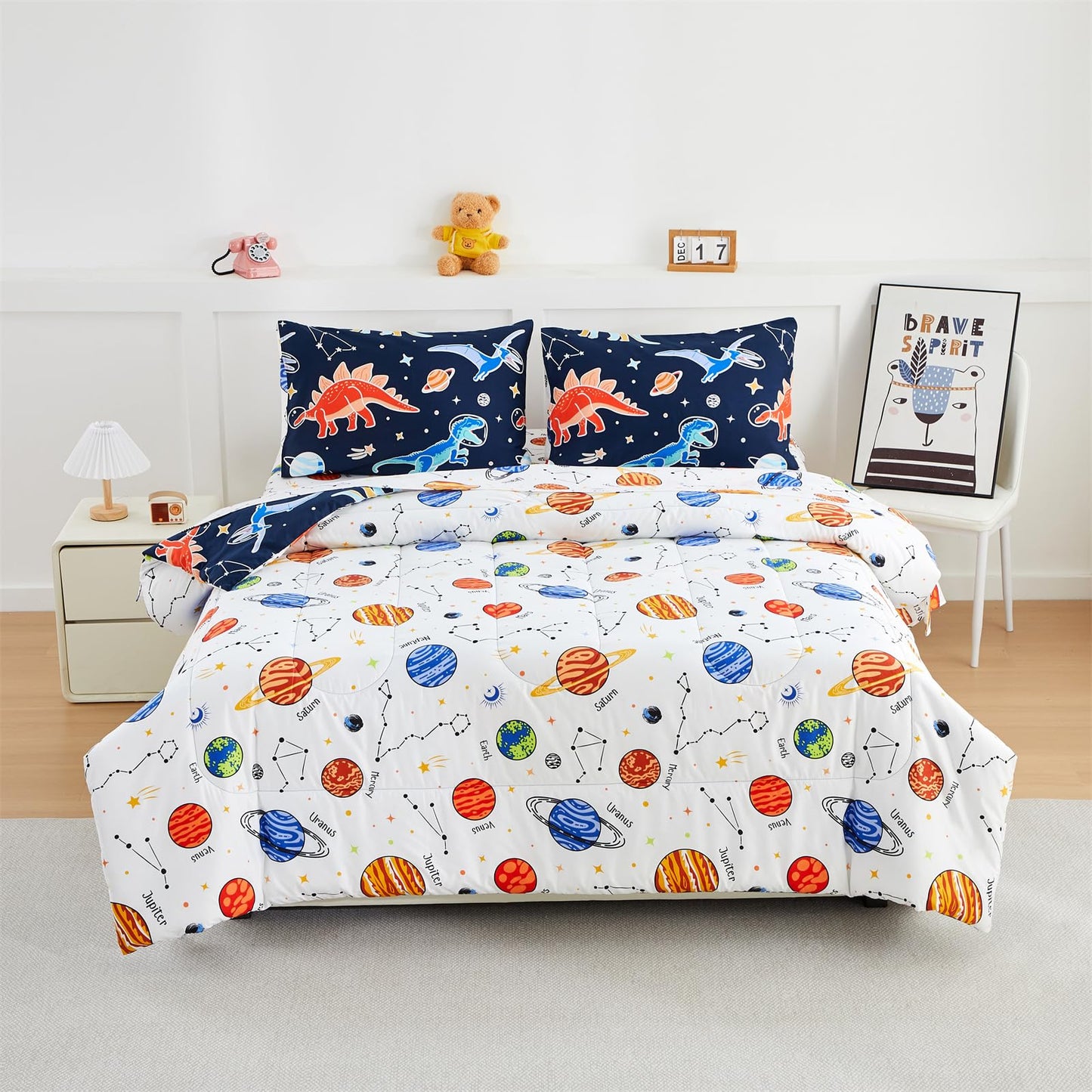 NTBED Dinosaur Kids Comforter Set Twin Size 5 Pieces Bed in A Bag for Boys Girls Glow in The Dark Space Planet Bedding Sets with Sheet
