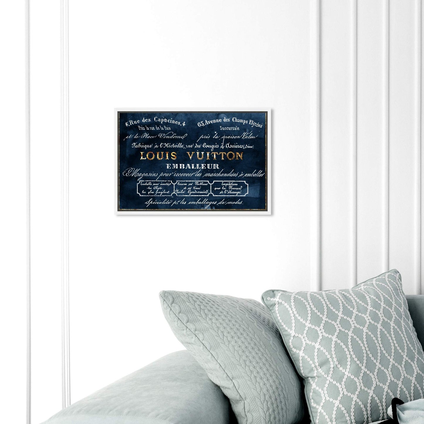 The Oliver Gal Artist Co. Fashion and Glam Framed Wall Art Canvas Prints 'Emballeur Navy' Road Signs Home Décor, 15 in x 10 in, Blue, Gold