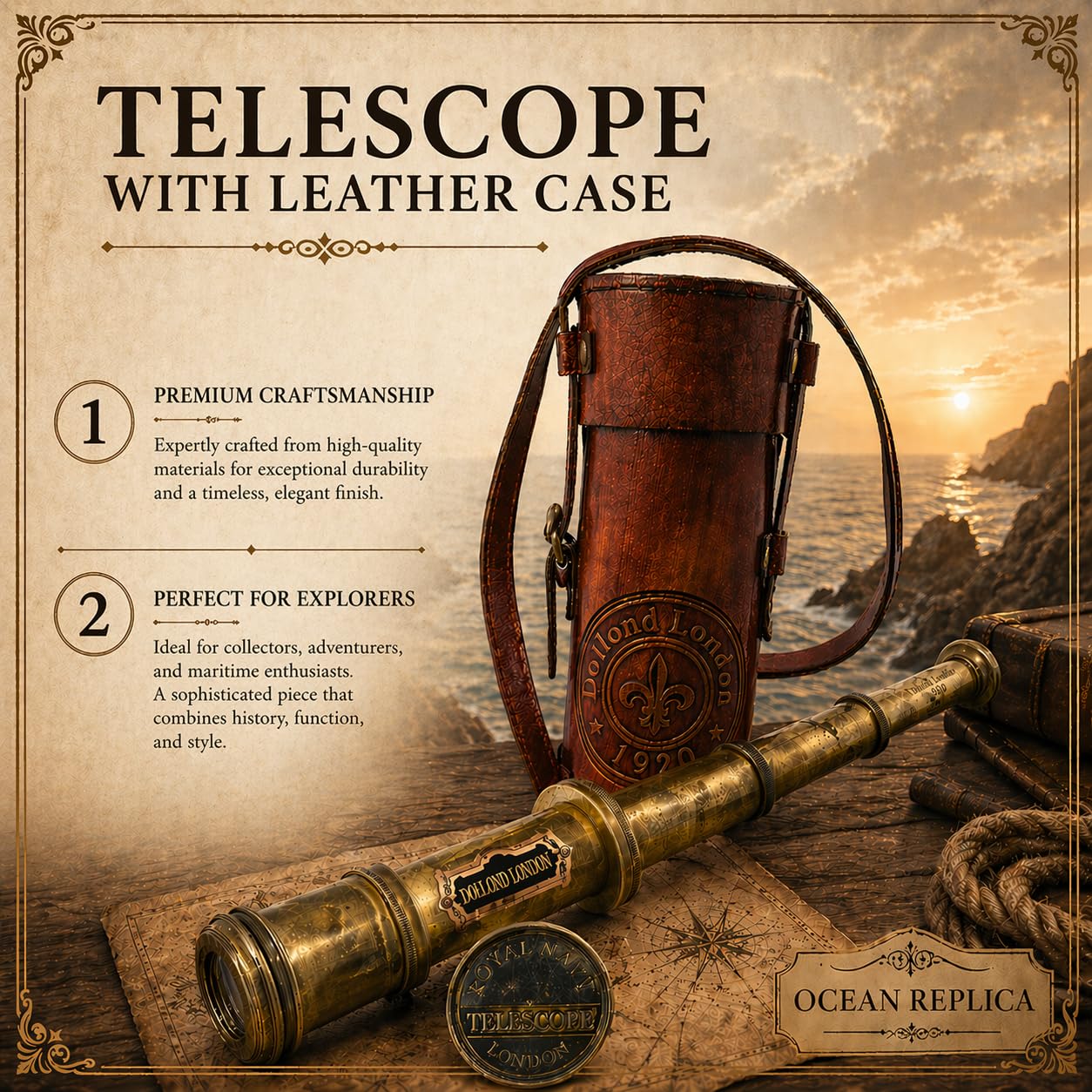 OCEAN REPLICAS 16 inches Antique Commando Telescope/Spyglass Replica in Leather Box