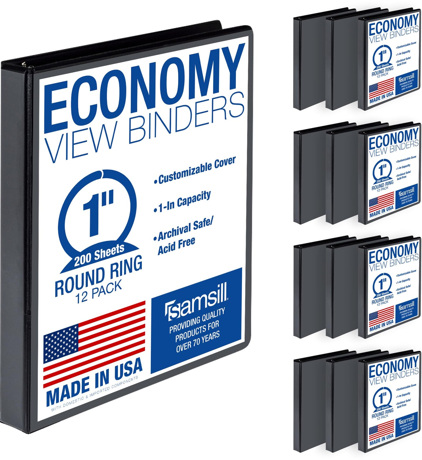 Samsill 1 Inch 3 Ring Binders, Economy Round Ring, Clear View Cover, 200 Sheet Capacity - for School, Home, Office - Black, 12 Pack
