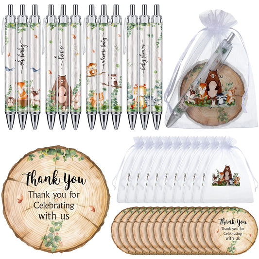Chuangdi 50 Sets Baby Shower Favors Gifts for Guests Includes 50 Pcs Ballpoint Pens, Thank You Cards and Organza Bags(Woodland Animal)