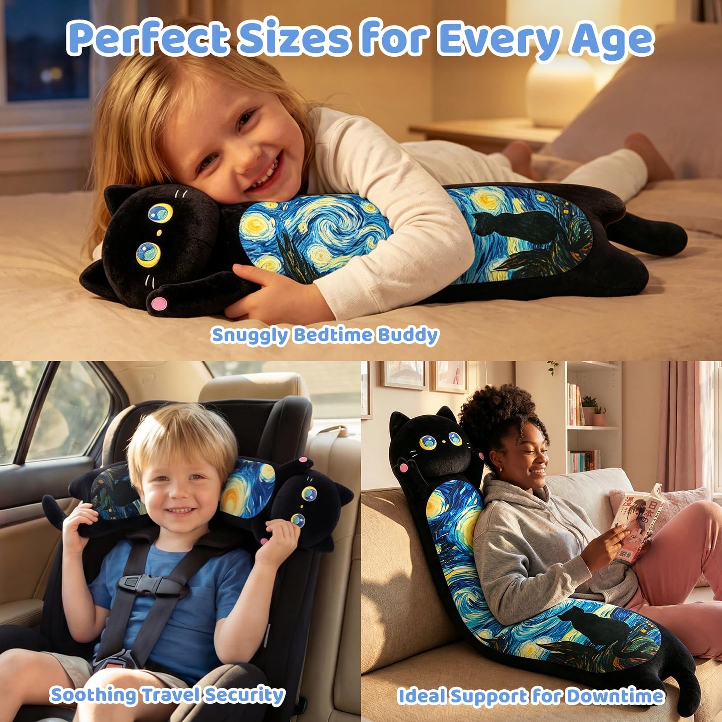 Mewaii Long Cat Plush Body Pillow, Cute Cat Plush Animals Kawaii Soft Plushies, Kitten Plush Pillow Gift for Girls Boys (Blue Starry Cat 53 Inch)