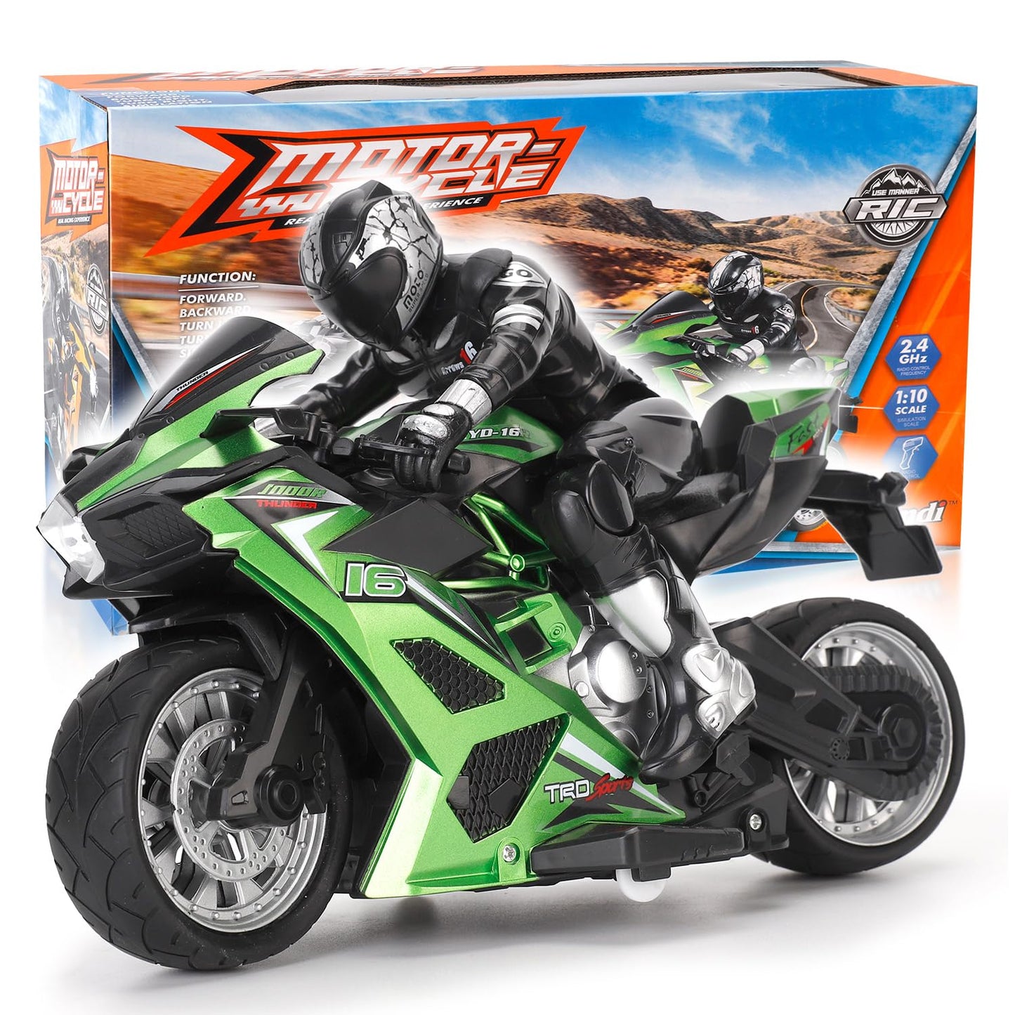 Liberty Imports 2.4G RC Remote Control Stunt Motorcycle with Riding Figure, 1:10 Scale High Speed Cross Country 360 Degree Rotation Drift Shockproof Racing Motorbike (Green)