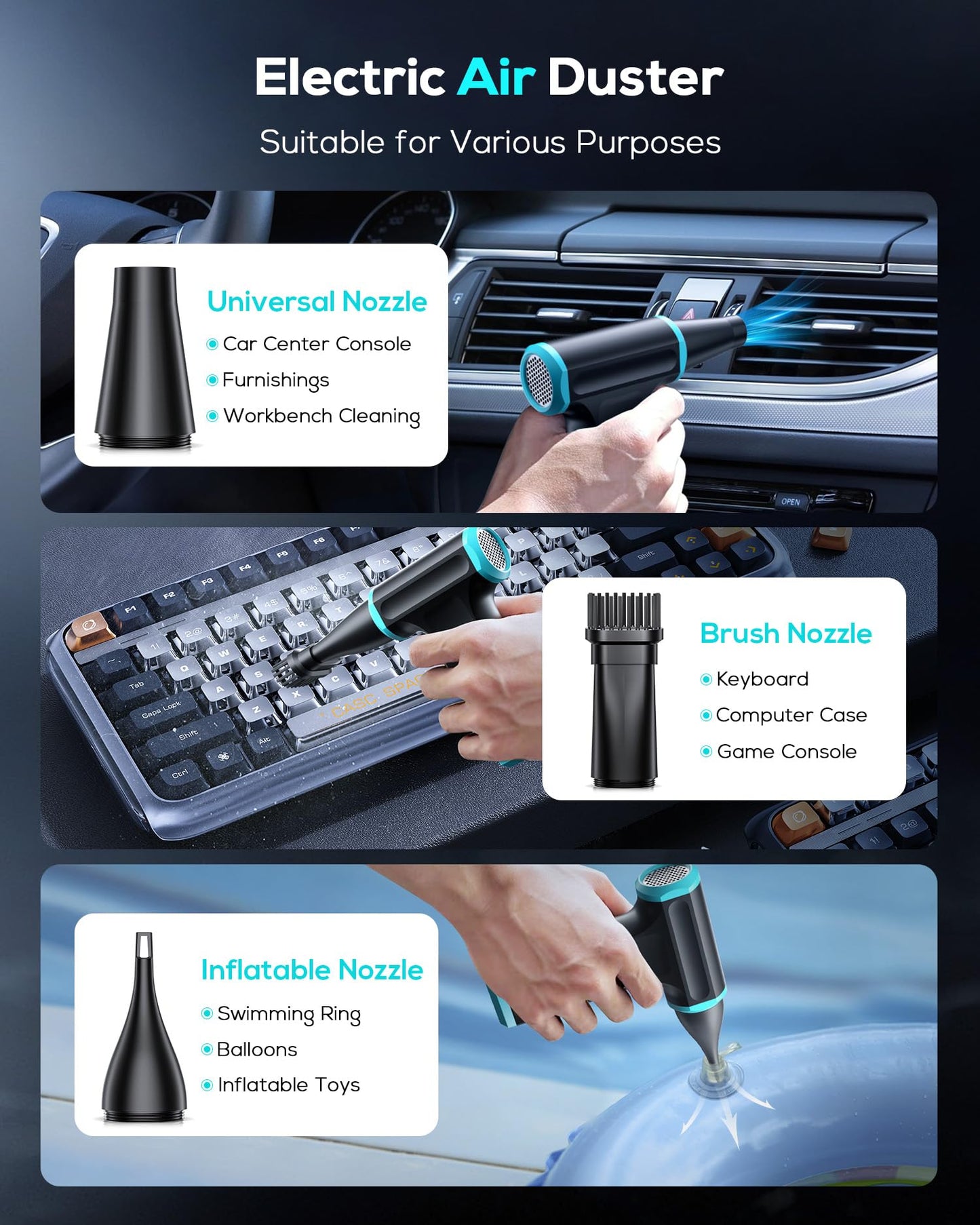 AKSILM Compressed Air Duster-Stepless Adjustable 110,000RPM Electric Cleaner for Keyboard, PC Cleaning, Rechargeable Cordless Jet Dry Blower Replace Canned Air Compressed Air Cans - Blue