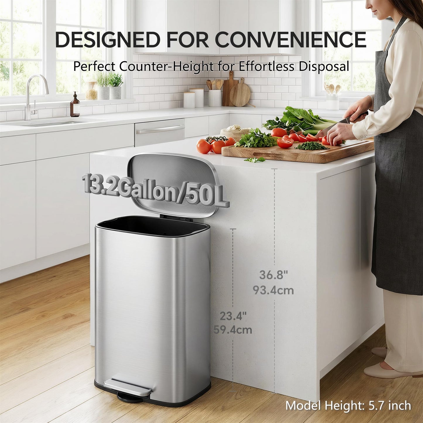 ZABINS 13 Gallon Trash Can (50L) and 1.6 Gallon (6L) Kitchen Trash Can Combo Set, Stainless Steel Garbage Can with Lid and Step-on Pedal, Soft Close Waste Bin with Inner Bucket for Home & Office