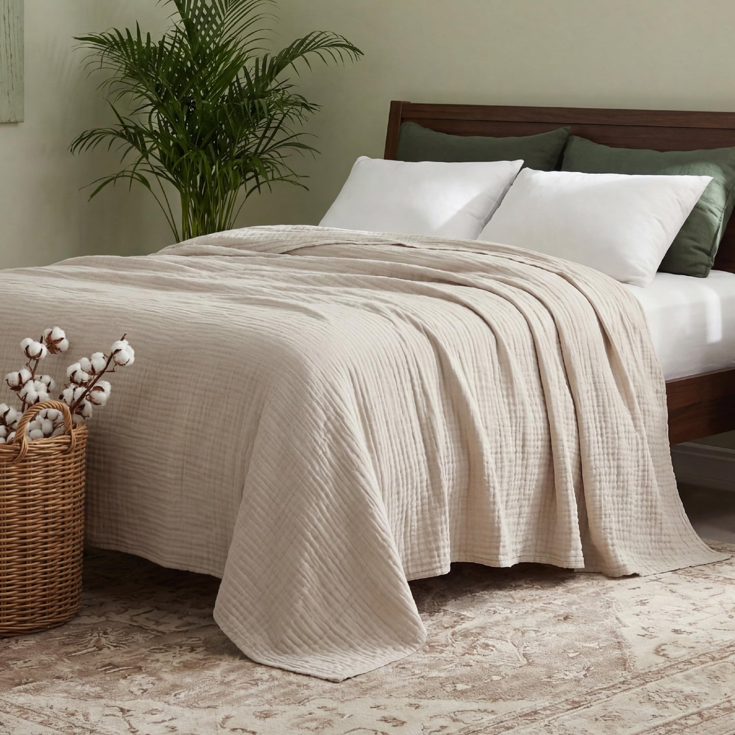 Bedsure Muslin Blanket King Size for Adults, Rayon Derived from Bamboo Lightweight Summer Cooling Blankets for Hot Sleepers, Cotton Breathable Gauze Blanket, Quilt, Coverlet, Linen Beige, 104"x90"
