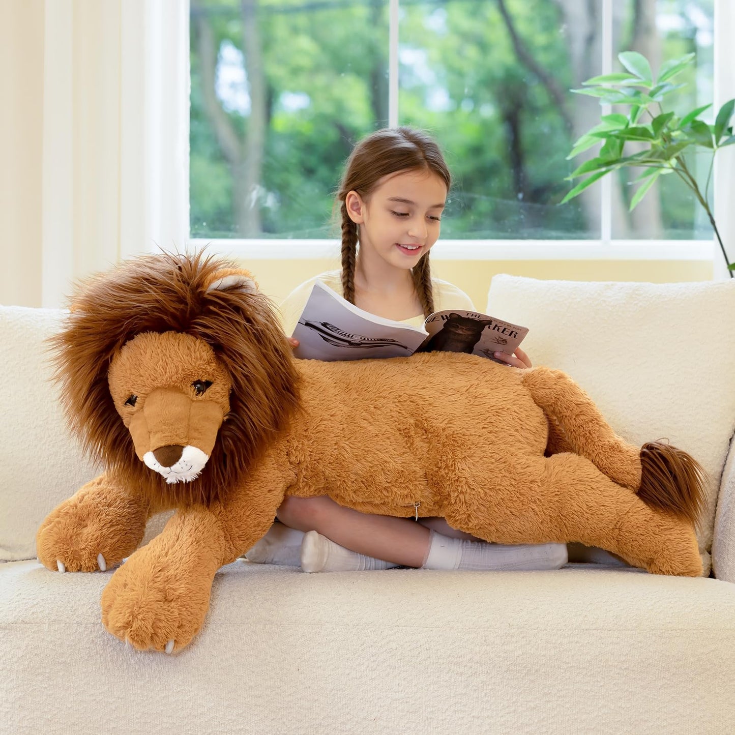 Tezituor 43.3inch Giant Lion Stuffed Animal, Hugging Soft Lion Plush Body Pillow, Realistic Large Stuffed Lion Plush Gift for Kids