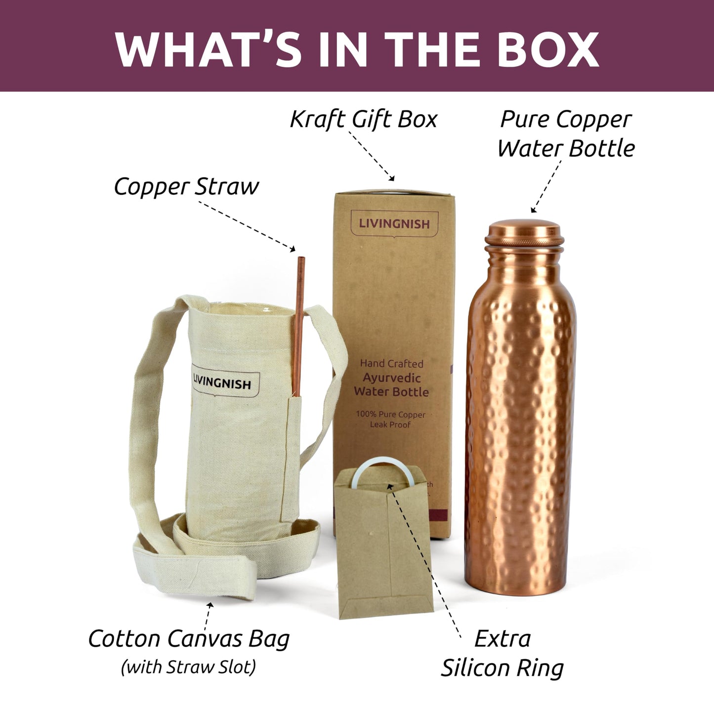 LIVINGNISH Premium Pure Copper Water Bottle for Drinking – Extra Large 34 Oz Wide Mouth, Hammered Ayurvedic Copper Water Bottle with Straw – Handcrafted Leak-Proof Vessel, Reusable & BPA-Free