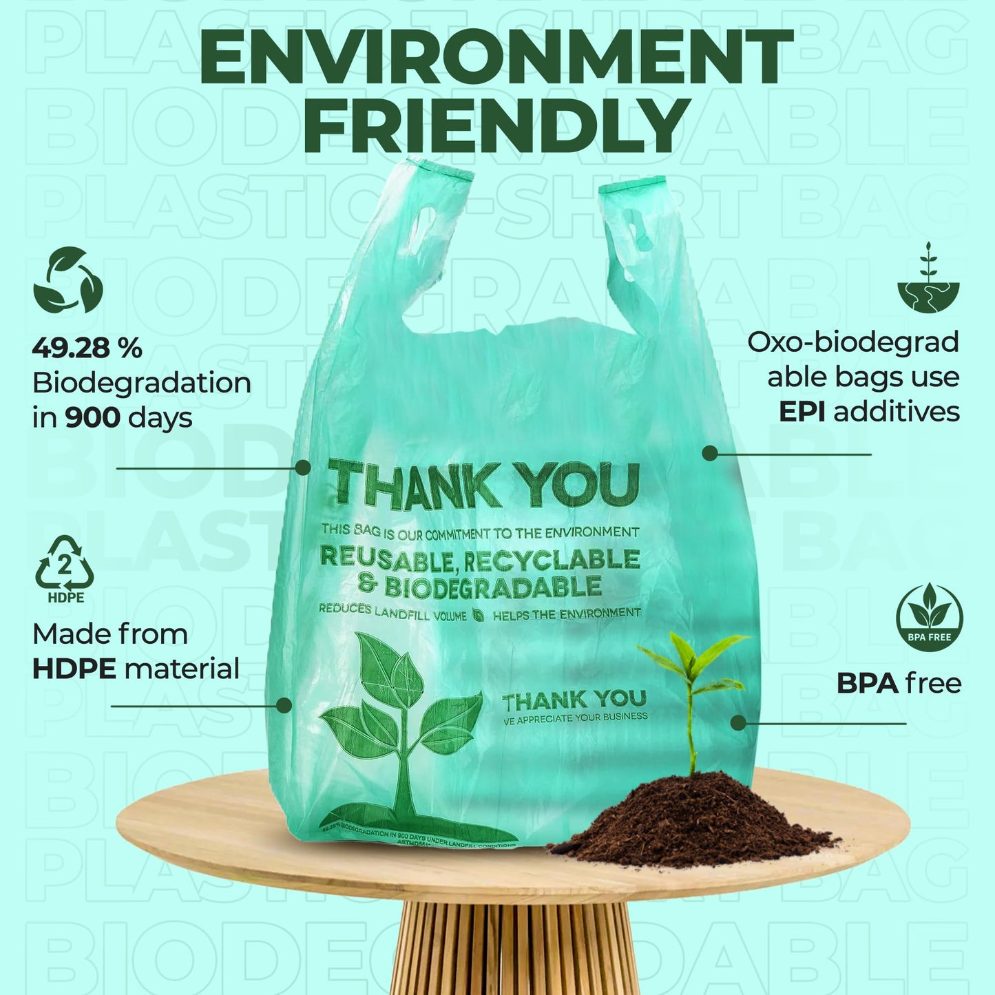 500 Biodegradable Compostable Thank You Plastic Bags - Grocery Shopping Bags with Handles [12" X 6.5" X 22"] Eco Friendly Green Plastic T Shirt Bags for Small Business Restaurant Supplies Retail Store