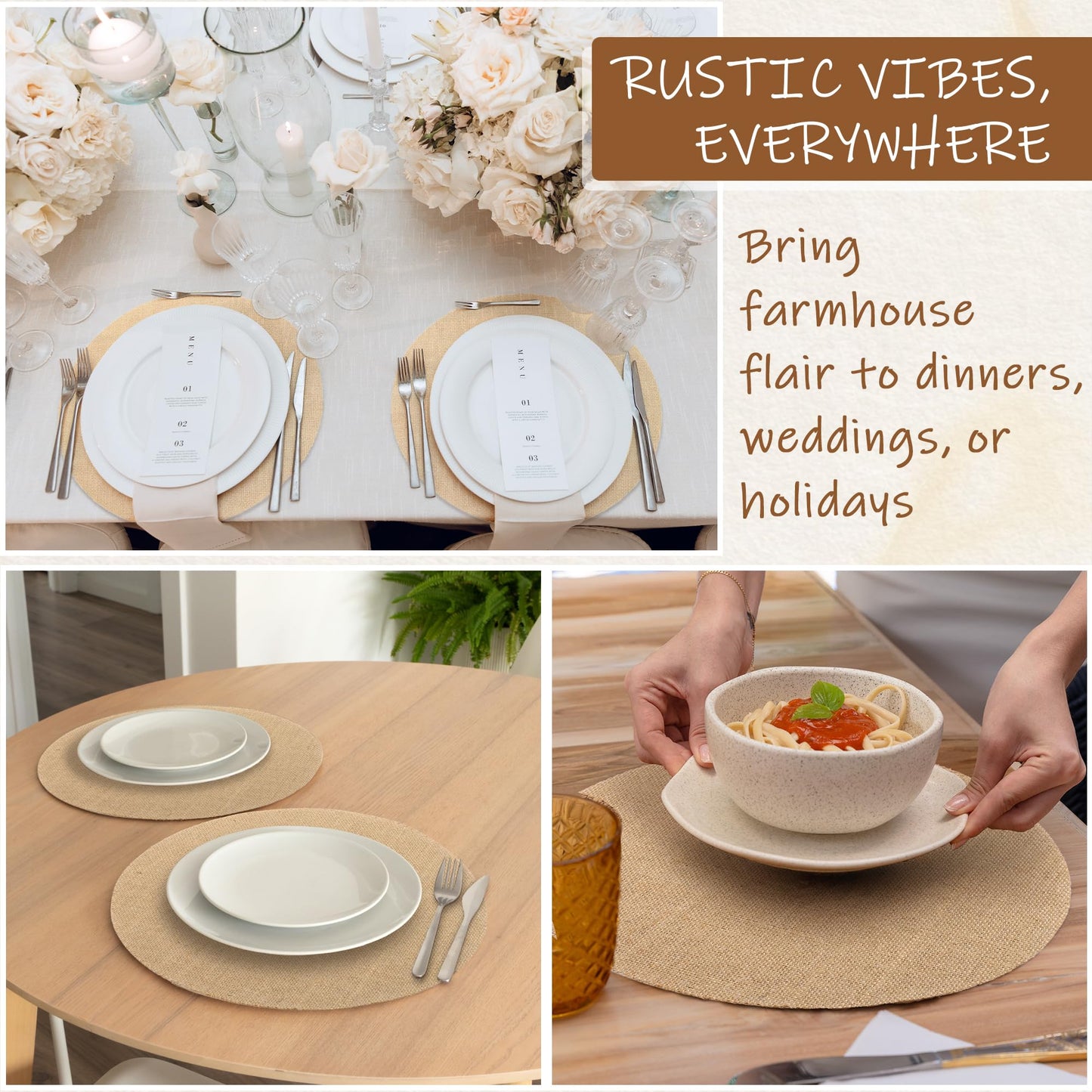 Kochorie 100 Pieces Burlap Placemats 11.8 Inch Round Reusable Brown Table Mats Natural Jute Fibers Placemats Bulk Circle Rustic Table Decorations for Dining Wedding Holiday Farmhouse Supplies