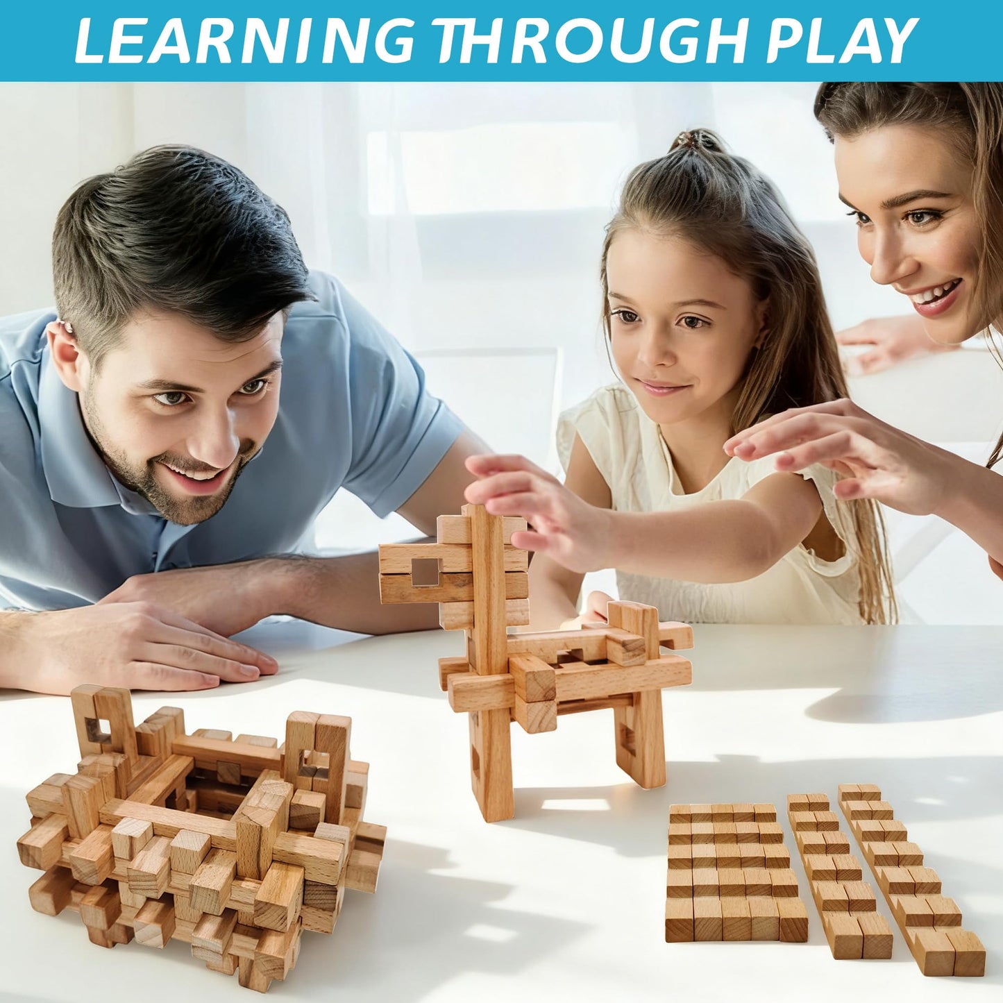 GLCforever 15 in 1 Educational Wooden Building Blocks - Mortise and Tenon Assembled into 15+ Various Shapes, STEM Toys Gift for Kids and Classroom, DIY Building Toys for Ages 5+ Teens Adults - 42 Pcs