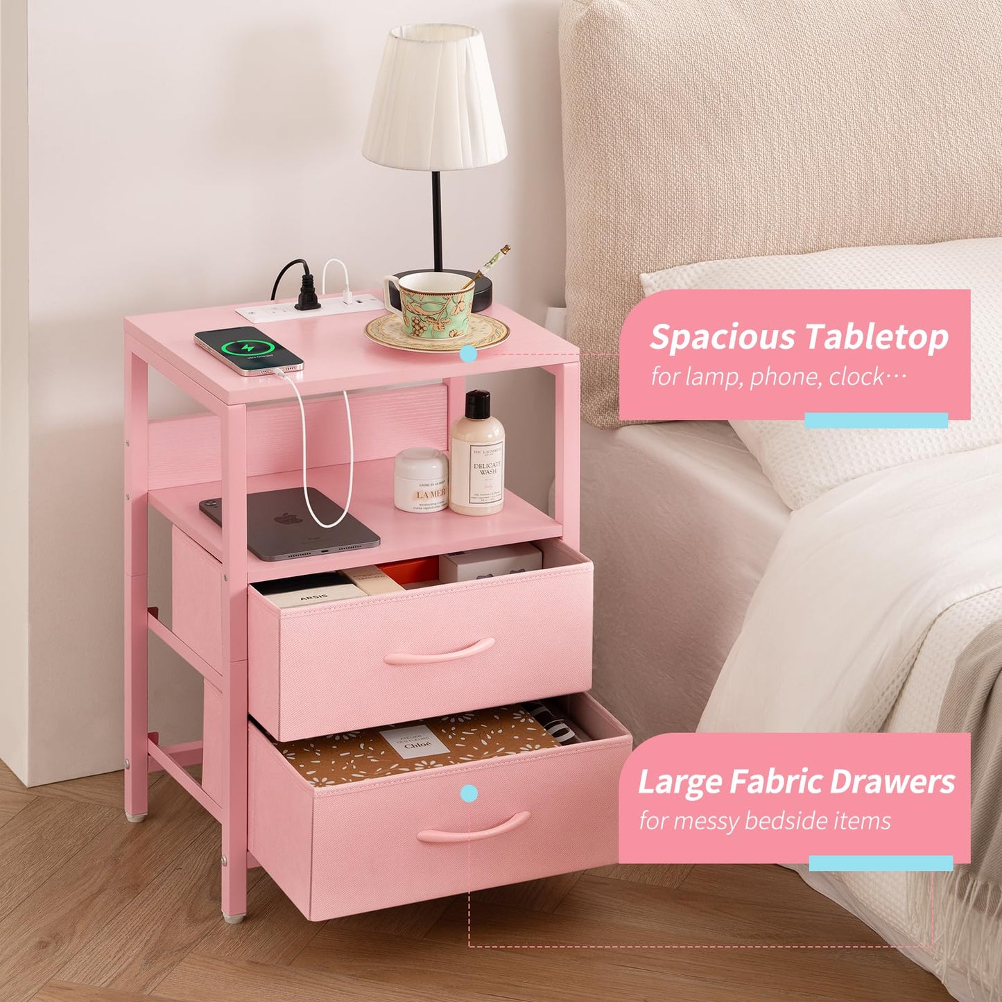 Yoobure Nightstand with Charging Station, Small Night Stand with Fabric Drawers and Storage Shelf for Bedrooms, Nightstands for Small Spaces, Bedside Table with USB Ports & Outlets Bed Side Table