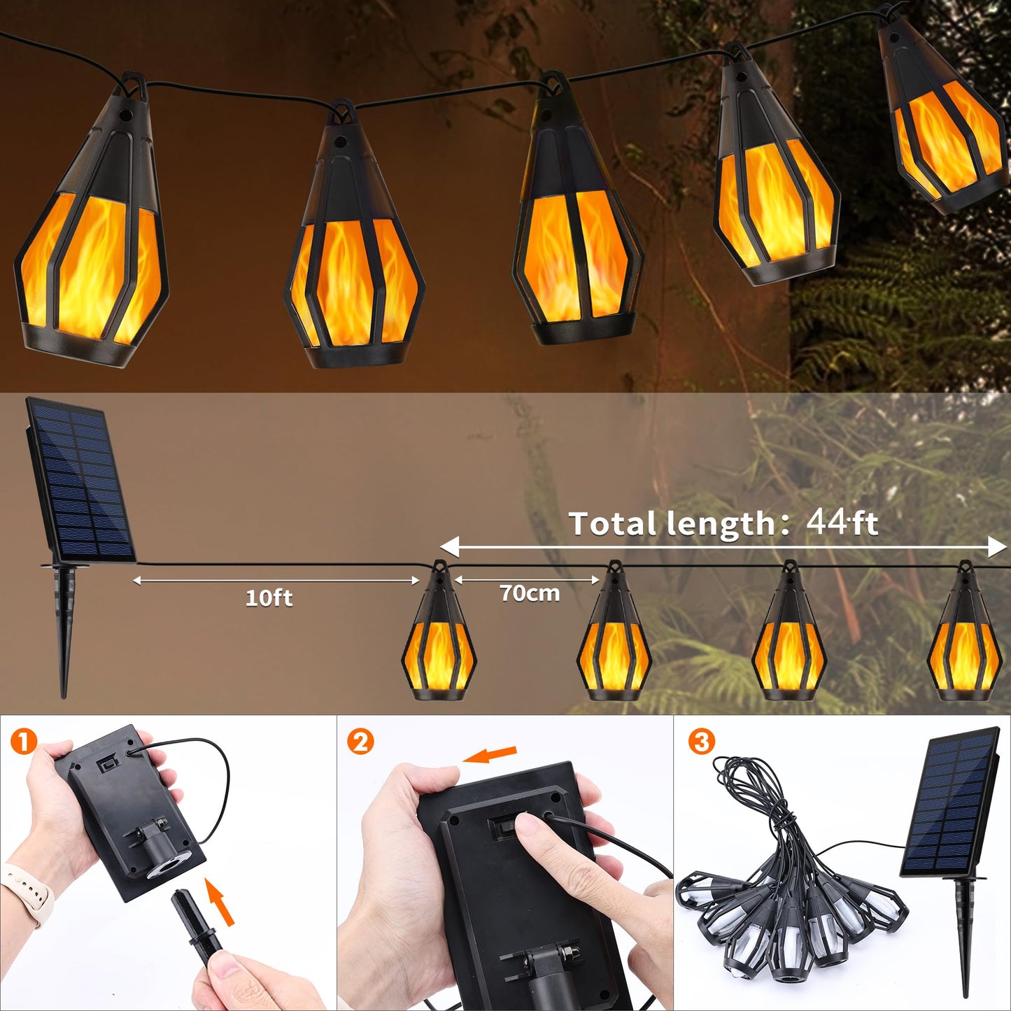 Solar String Lights for Outside, 44Ft Solar Patio Light with 20 Flickering Flame Light Bulbs, Waterproof Warm White Solar Powered Outdoor Lights for Garden Yard Patio Gazebo Bistro Cafe Party Decor
