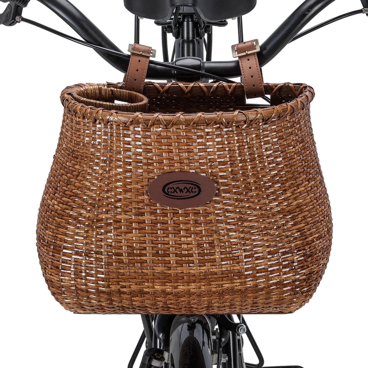 CXWXC Bike Basket - Handmade Rattan Bike Baskets for Girls Women - Front Bicycle Bike Basket with Coffee Cup Holder for Beach Cruiser, Scooter, Ebike (Brown)