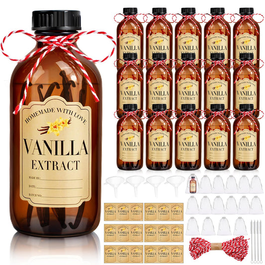 BHHQHH 16Pcs 8 oz Amber Glass Bottle Boston Round Bottles for Vanilla Extract Homemade,Brown Vanilla Extract Bottles with Caps for Syrup Gift Glass Food Storage Canister and Sauce Beans