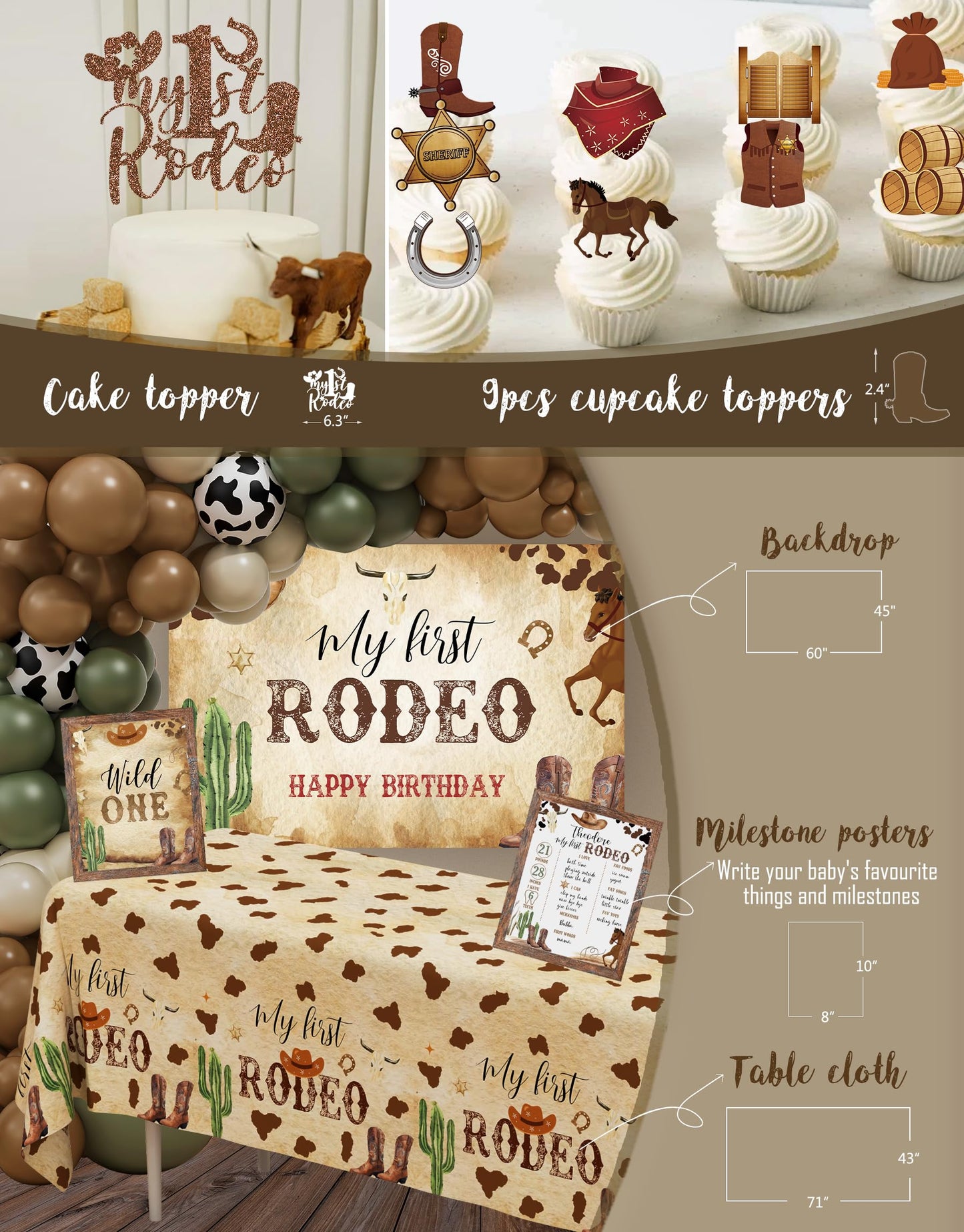 Western Cowboy 1st Birthday Decorations, My First Rodeo Birthday Party Supplies, Cowboy Balloon Arch Backdrop High Chair Banner ONE Box for Boys One Year Old Party