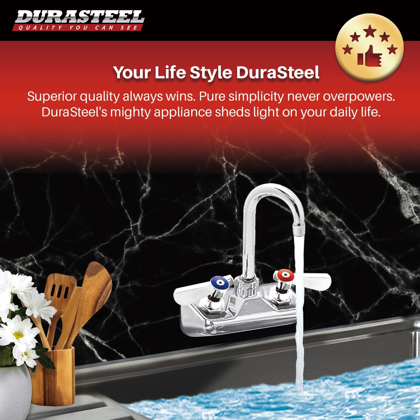 DuraSteel Commercial Hand Sink Faucet - 4 Inch Center Wall Mount Handwash Sink Faucet with 3-1/2" Gooseneck Spout - CEC Certified Saving Water - Dual Swing