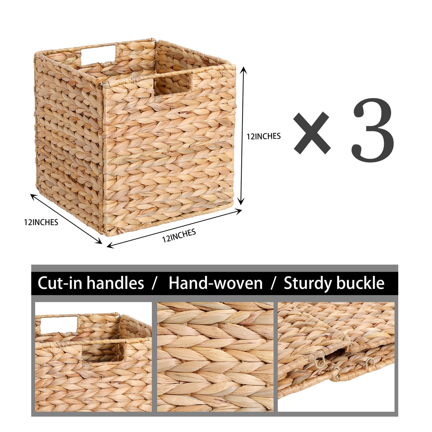 12 x 12 x 12in Water Hyacinth Storage Baskets, Wicker Storage Baskets for Shelves, Foldable Square Bins for IKEA Kallax Set of 3, Large Cubby Rattan Basket, Wicker Basket for Organizing