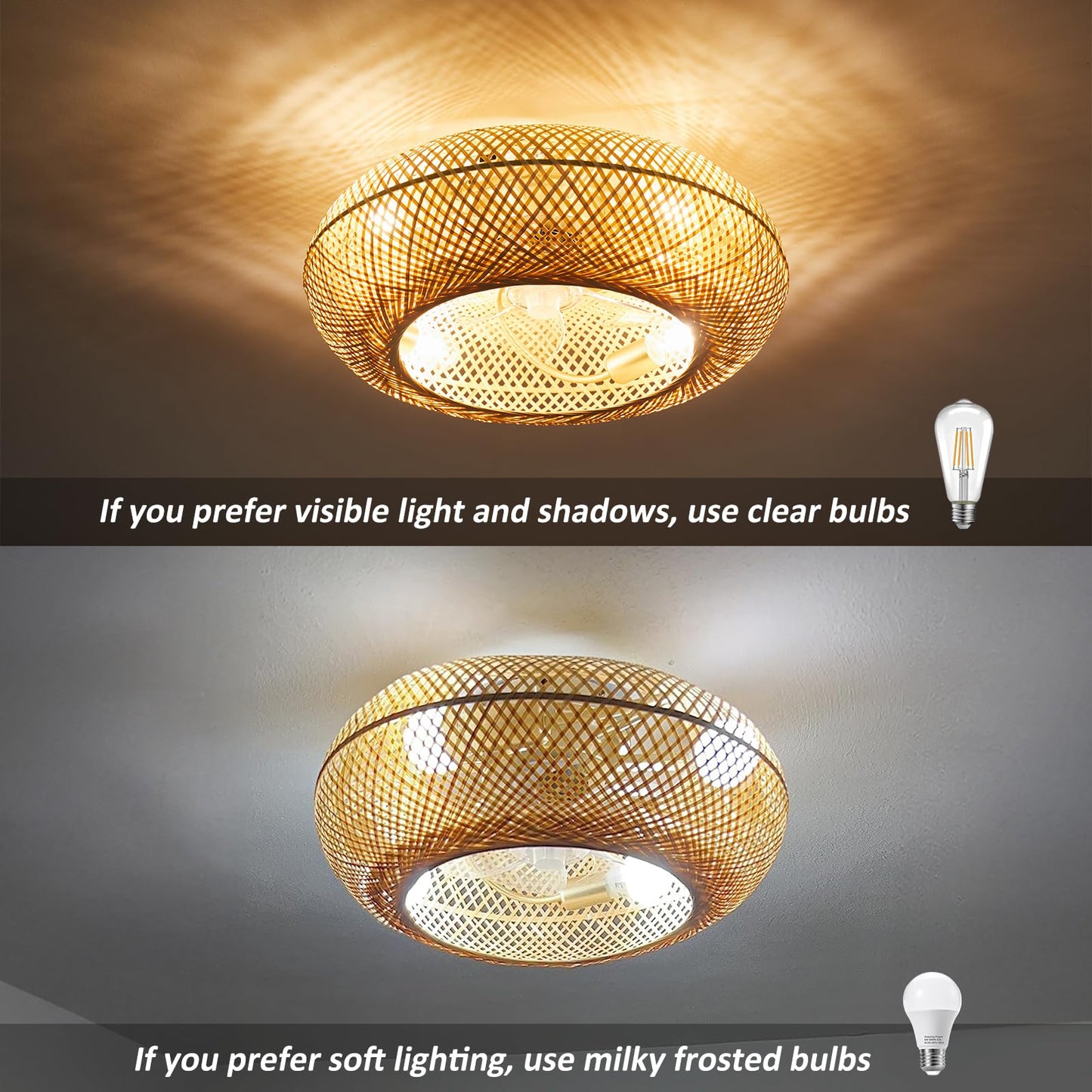 20" Boho Ceiling Fans with Lights and Remote Control,Rattan Caged Flush Mount Ceiling Fan with Light, Enclosed Timing 6 Speeds Reversible for Living Room Bedroom Dining Room