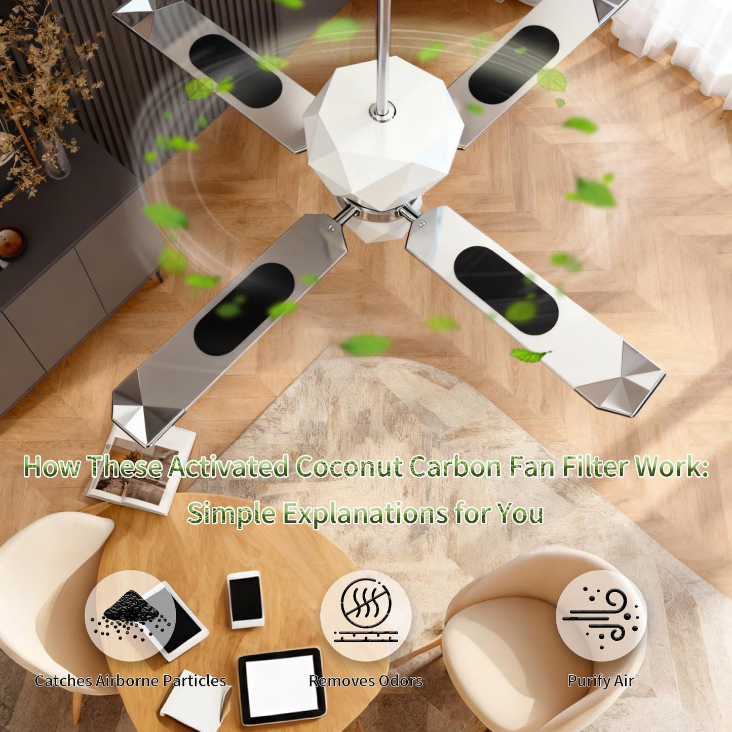 Amestar 40 Pack Ceiling Fan Filters for Blades, Black Ceiling Fan Air Purifier Pads, Dust Catcher Activated Coconut Carbon Ceiling Fan Filter Accessories