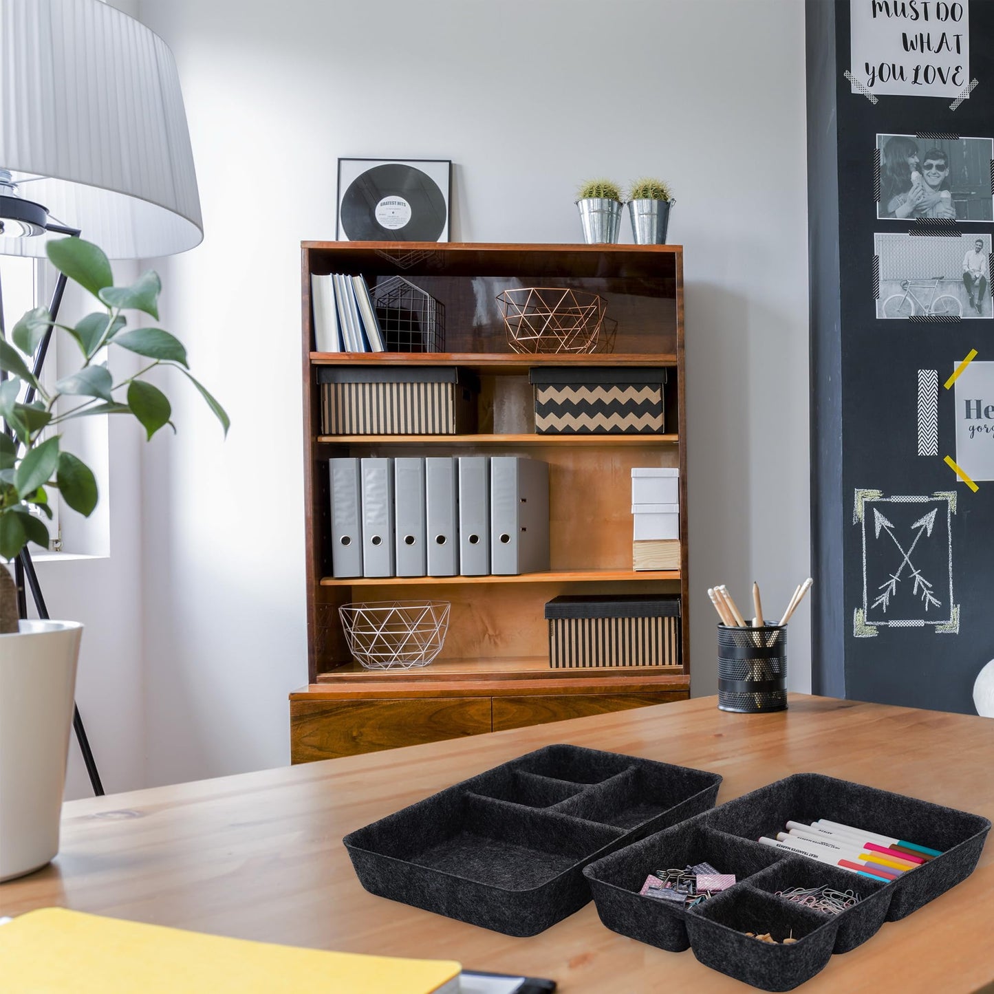 Welaxy 2-piece Junk Drawer Organizer bin 4 Compartments Office home dorm 2 dividers Felt Trays Drawers Multi-Purpose Storage (Charcoal x 2)