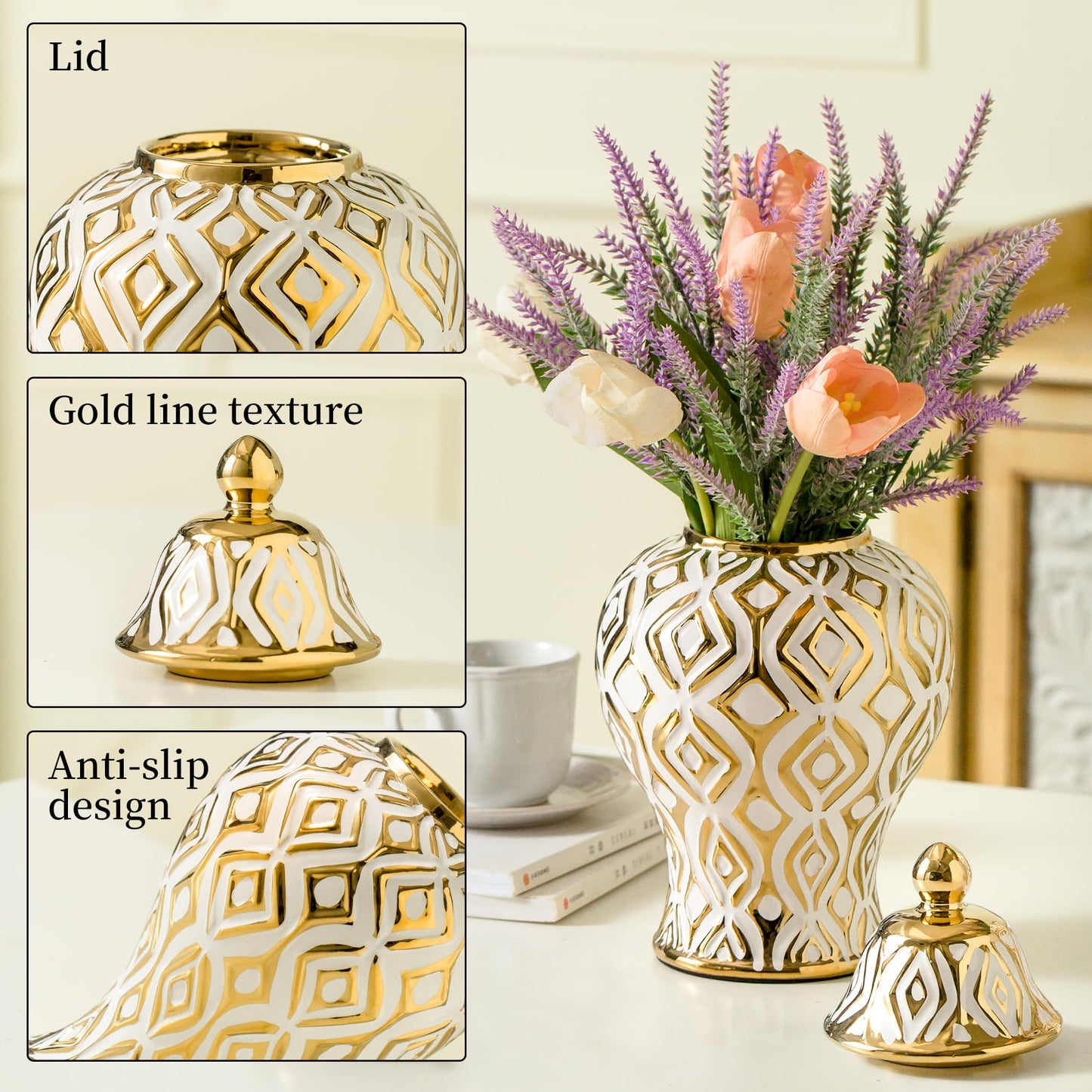 White and Gold Vase with Lid, Ginger Jars for Home Decor, Ceramic Flower Vase for Home, Kitchen, Bookshelf Decor, Storage jar, Table Center Vase, Centerpieces Jarrones(11in)