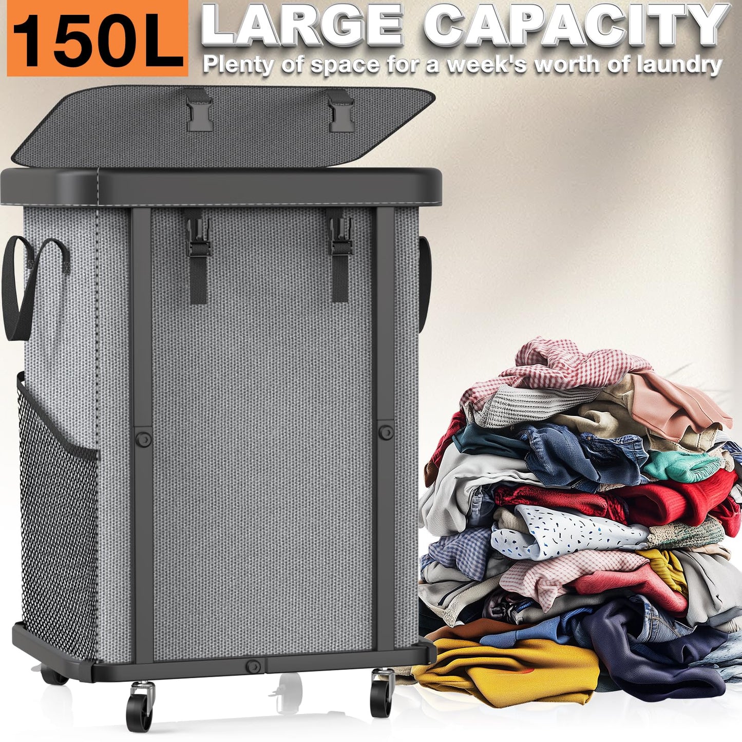 150L (40 Gal) Large Fashion Laundry Basket with Wheels, Leather Patchwork Rolling Hamper Carts, Sturdy Metal Frame, Removable Washable Bag, Tall Clothes Sorter for Bedroom, Laundry Room - Gary
