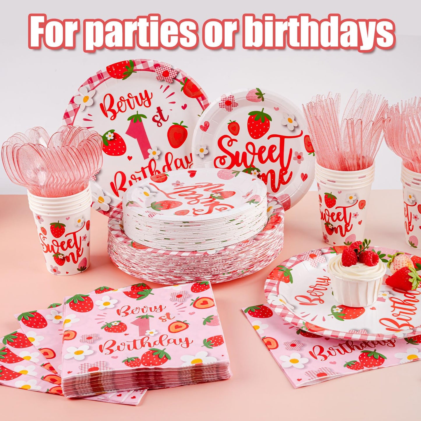 350 PCS Strawberry 1st Birthday Decorations for 50 Guests,Berry First Birthday Plate and Napkin Sets nclude Paper Plate, Napkin, Cup and Disposable Plastic Cutlery